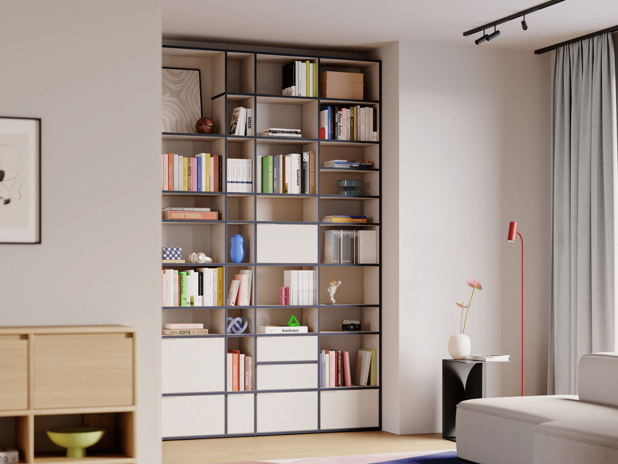 Bookcase in Sand and Blue with Doors and Backpanels 1