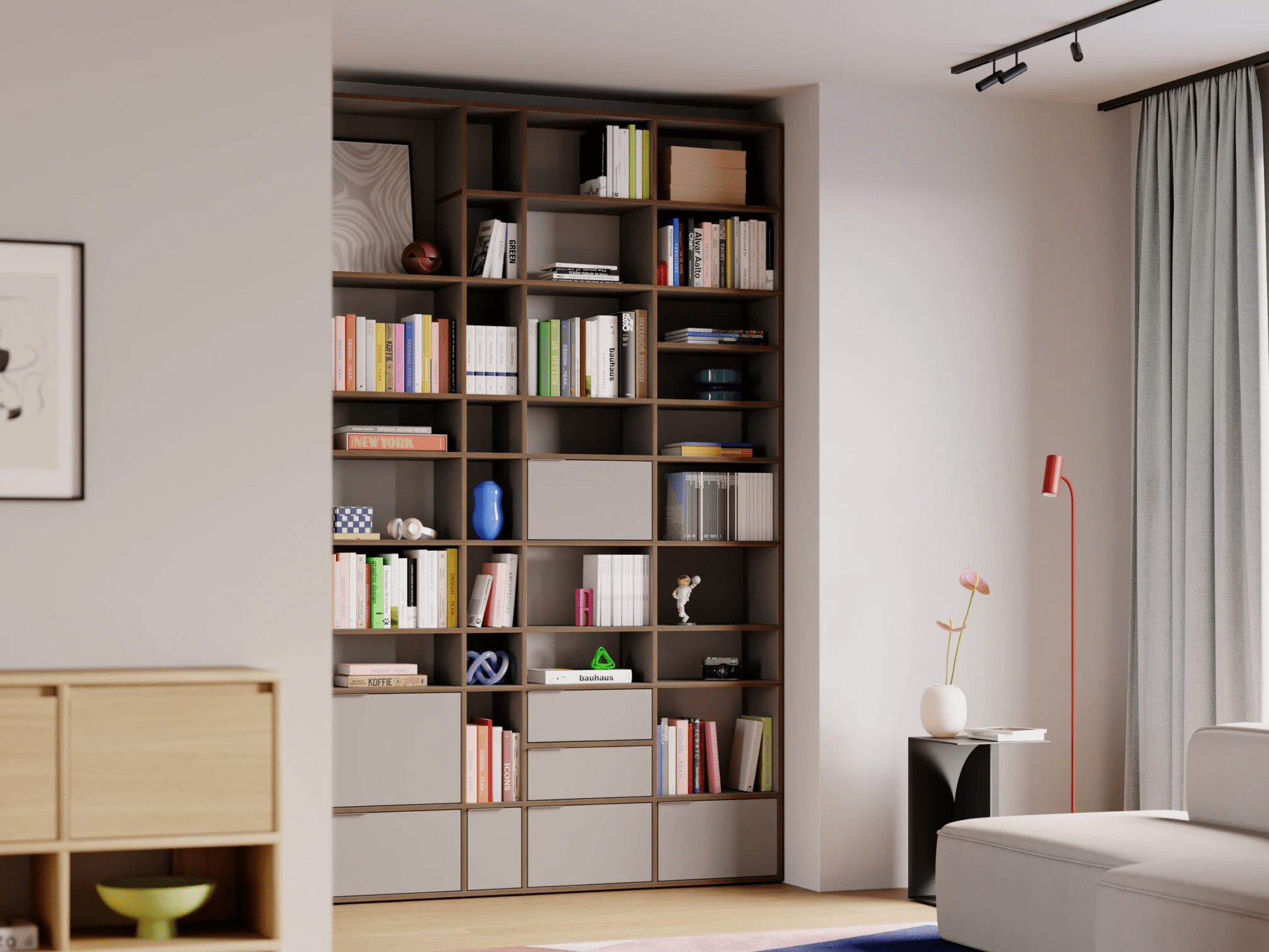 Bücherregal in Grau und Walnuss mit Türen 1