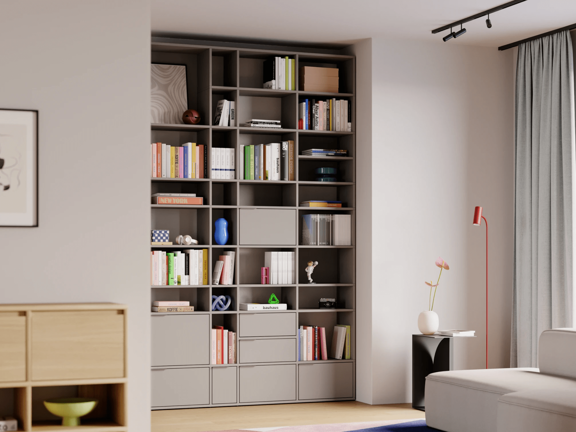 Bücherregal in Grau mit Türen und Schubladen 1