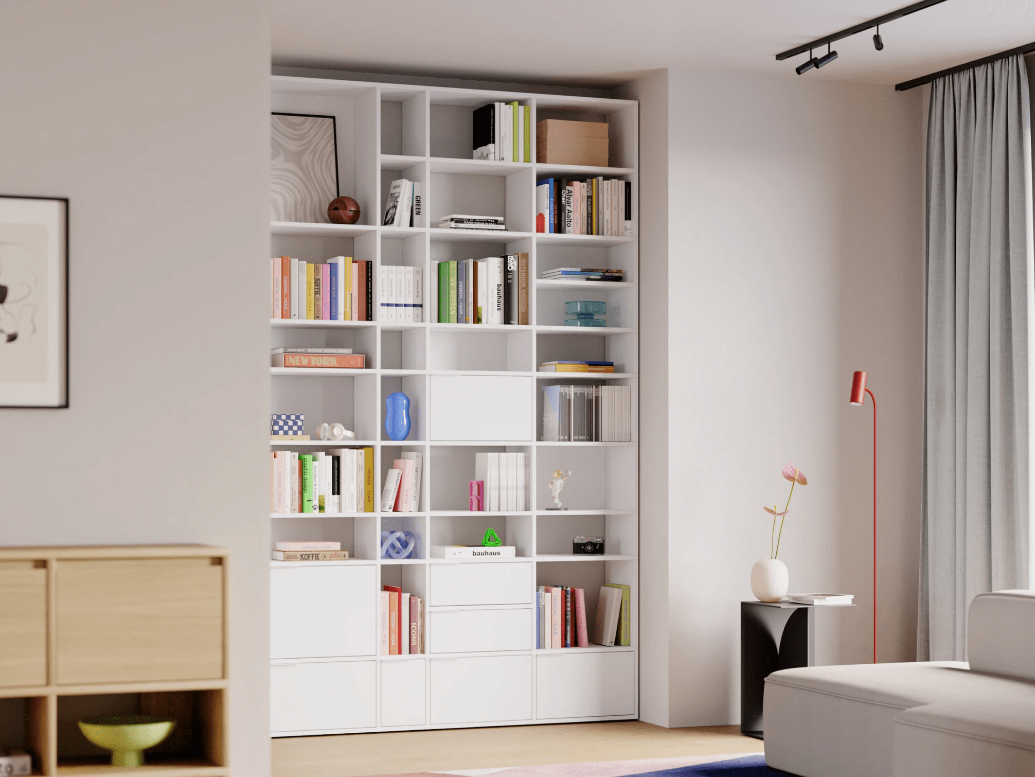 Bücherregal in Weiß mit Türen und Schubladen 1