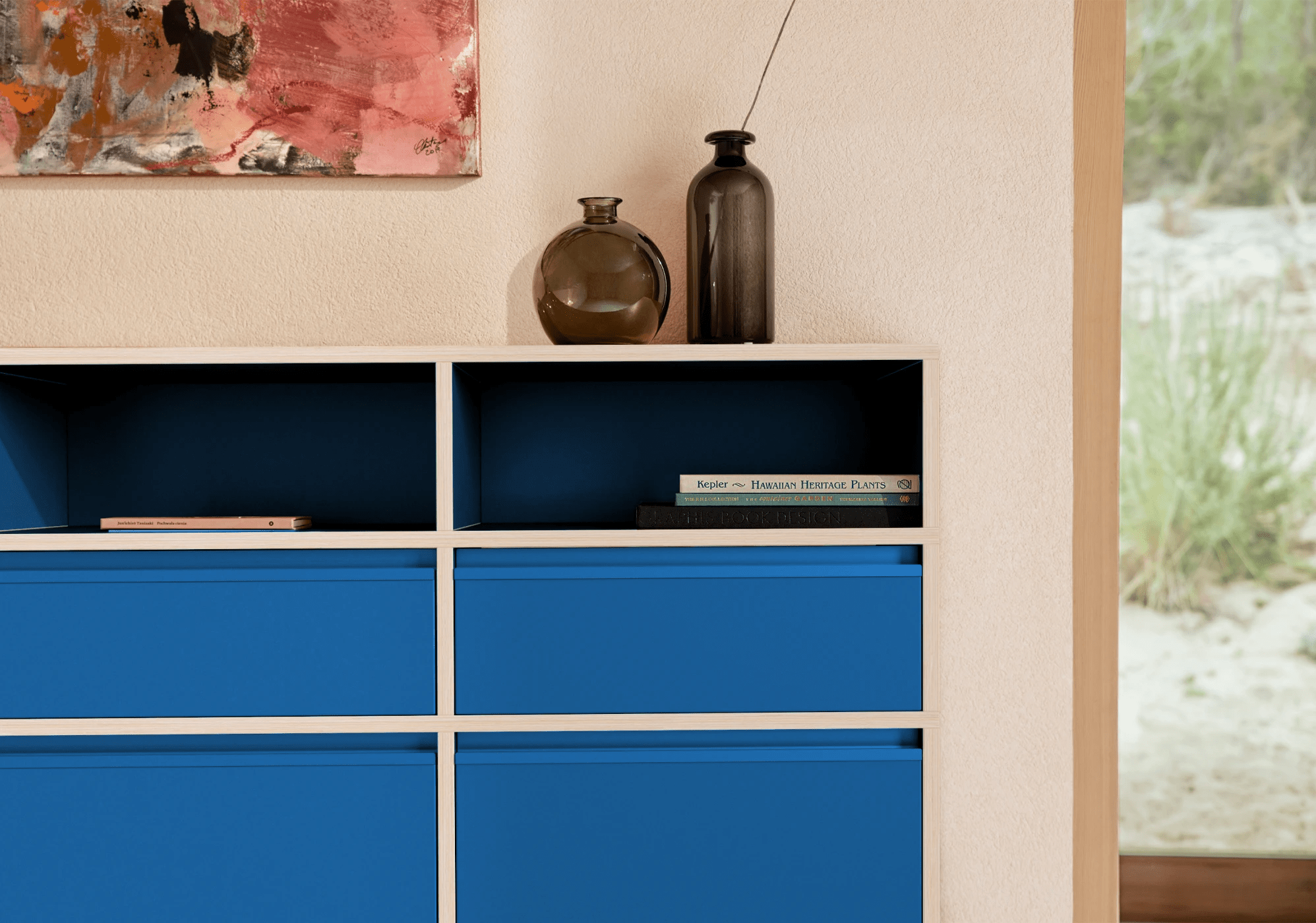 Niska Szeroka niebieska komoda z szufladami z 4 szufladami z panelami tylnymi sklejka - 200x43x40cm 2