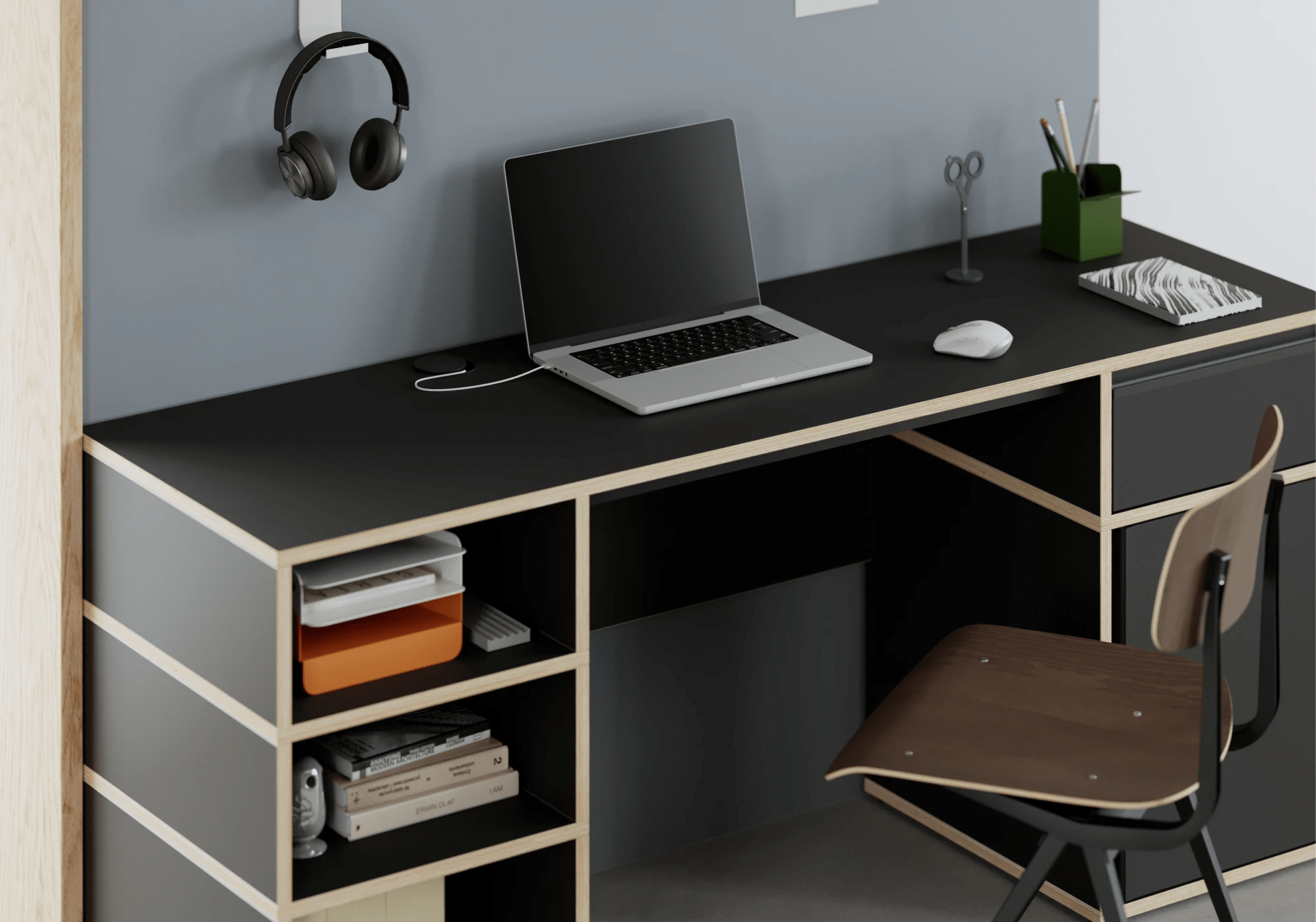 Duże czarne biurko z drzwiami, szufladami, panelami tylnymi oraz przelotką na kable sklejka - 160x73x50cm 3