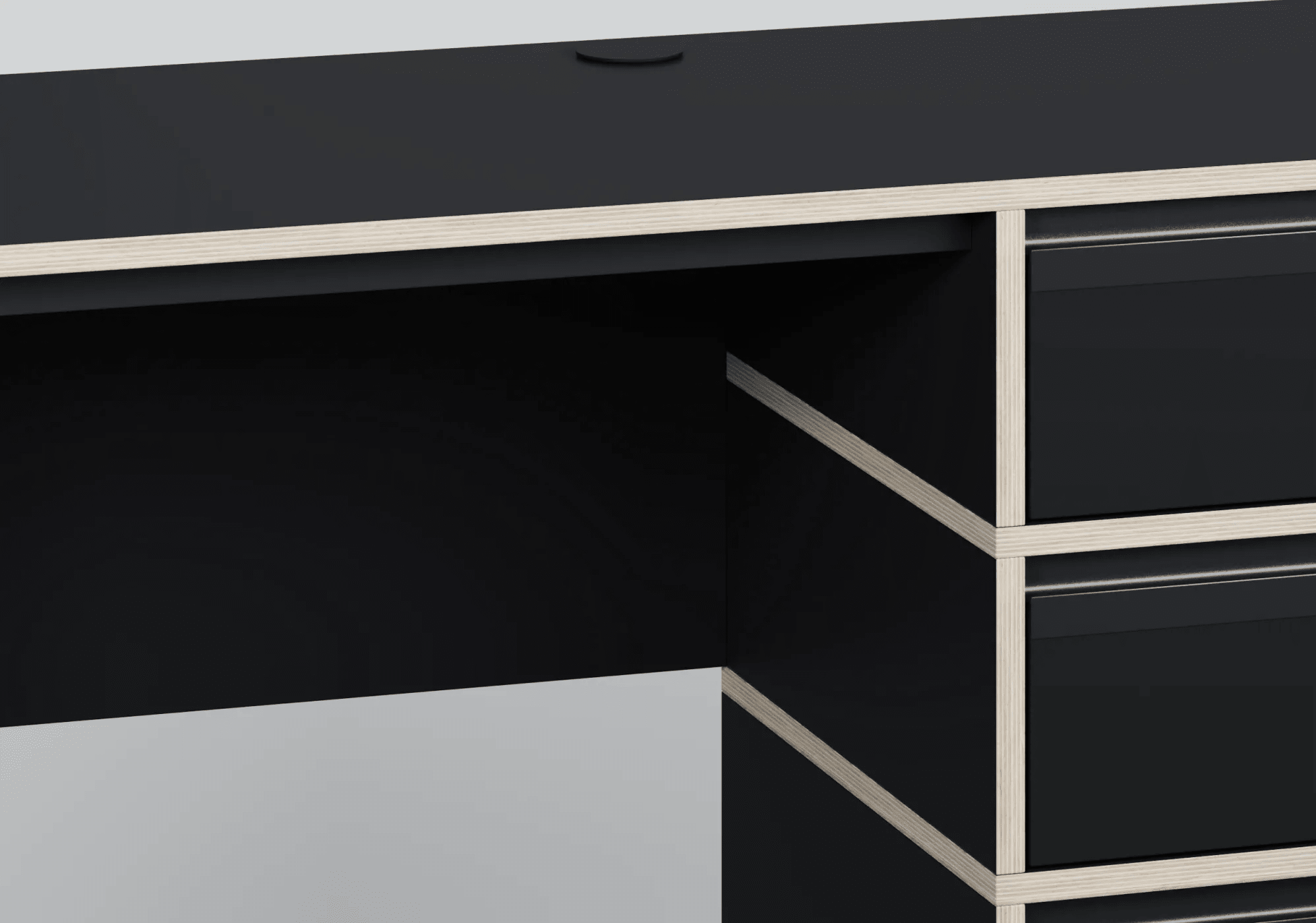 Duże czarne biurko z drzwiami, szufladami, panelami tylnymi oraz przelotką na kable sklejka - 155x73x50cm 4