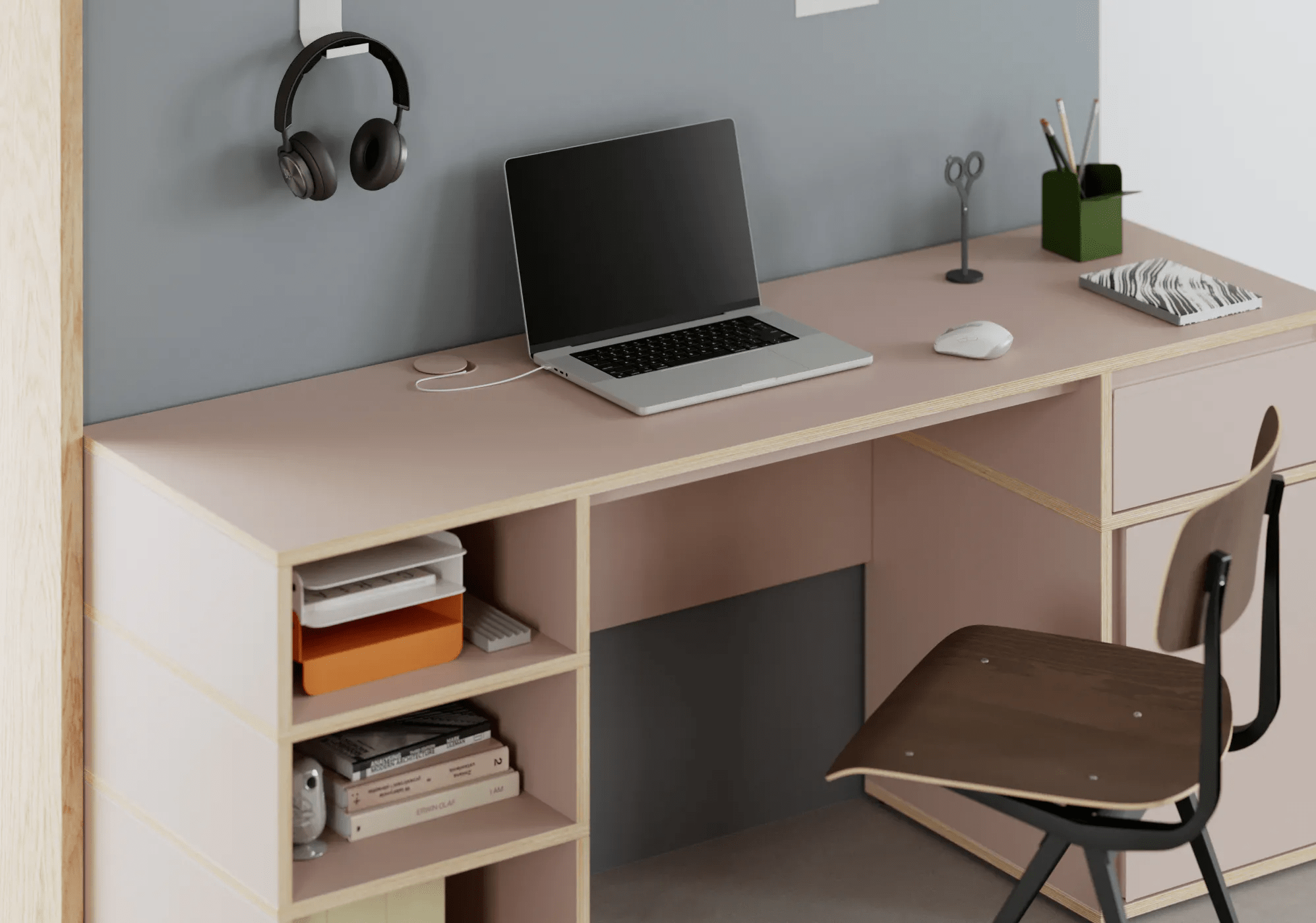 Desk in Pink with Drawers and Cable Management 3