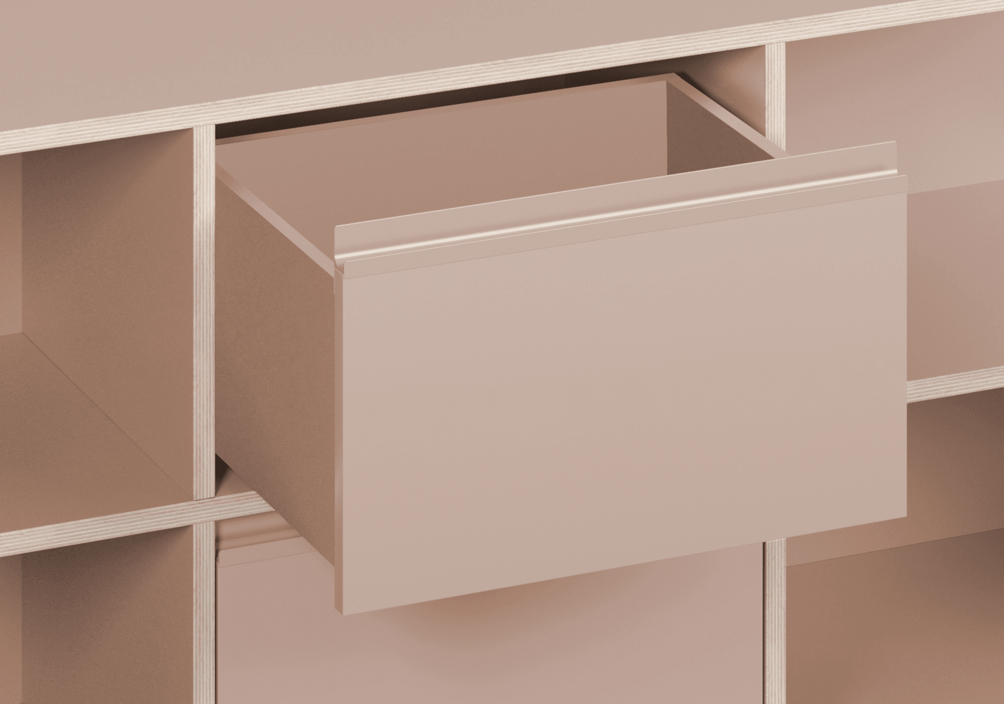 Grosses Puderrosa Multiplexplatte Schreibtisch mit Türen, Schubladen, Ruckwanden und Kabelmanagement multiplexplatten - 240x73x40cm 7