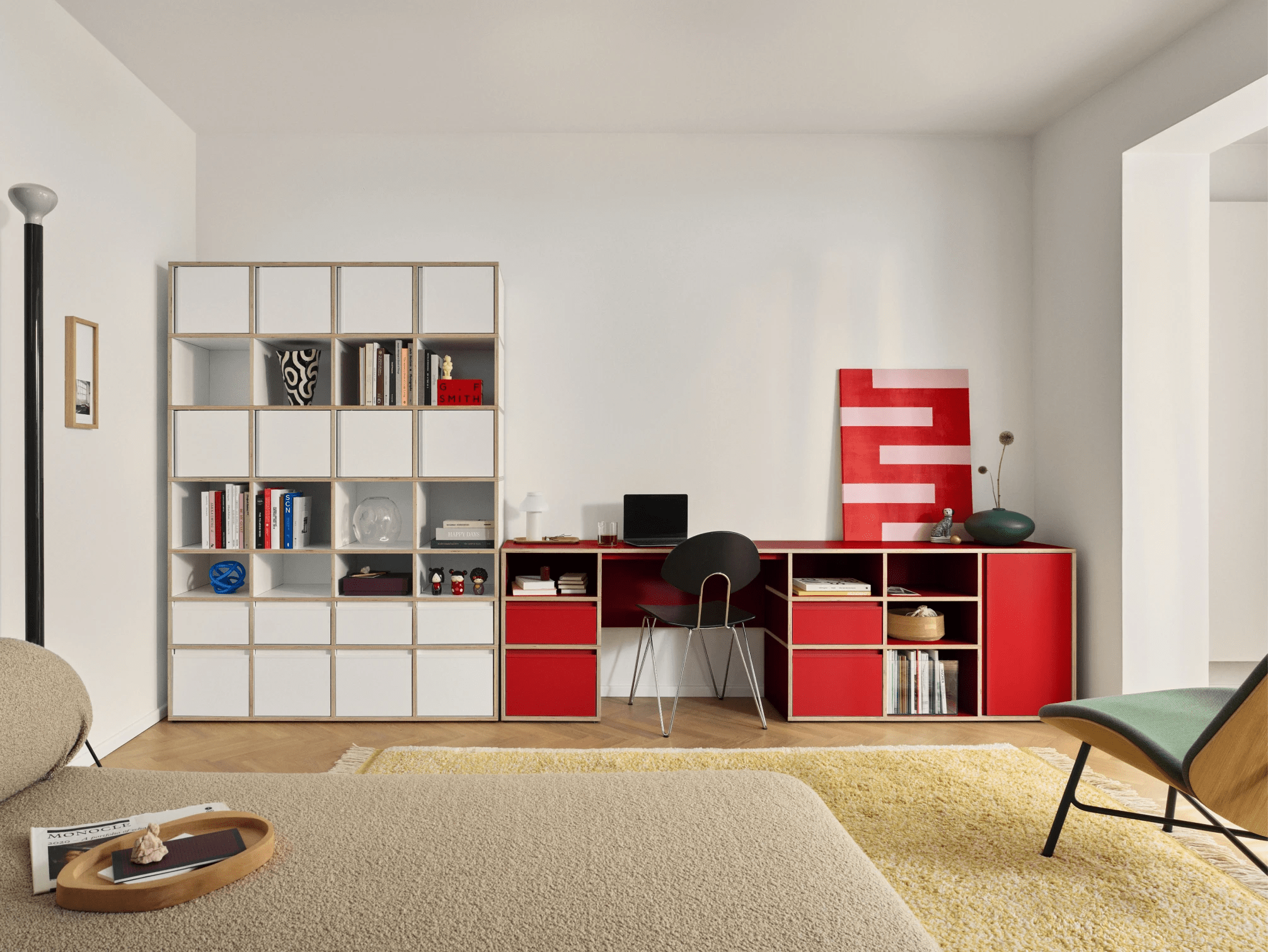 Grosses Reinrote Multiplexplatte Schreibtisch mit Türen, Schubladen, Ruckwanden und Kabelmanagement multiplexplatten - 160x73x50cm 1