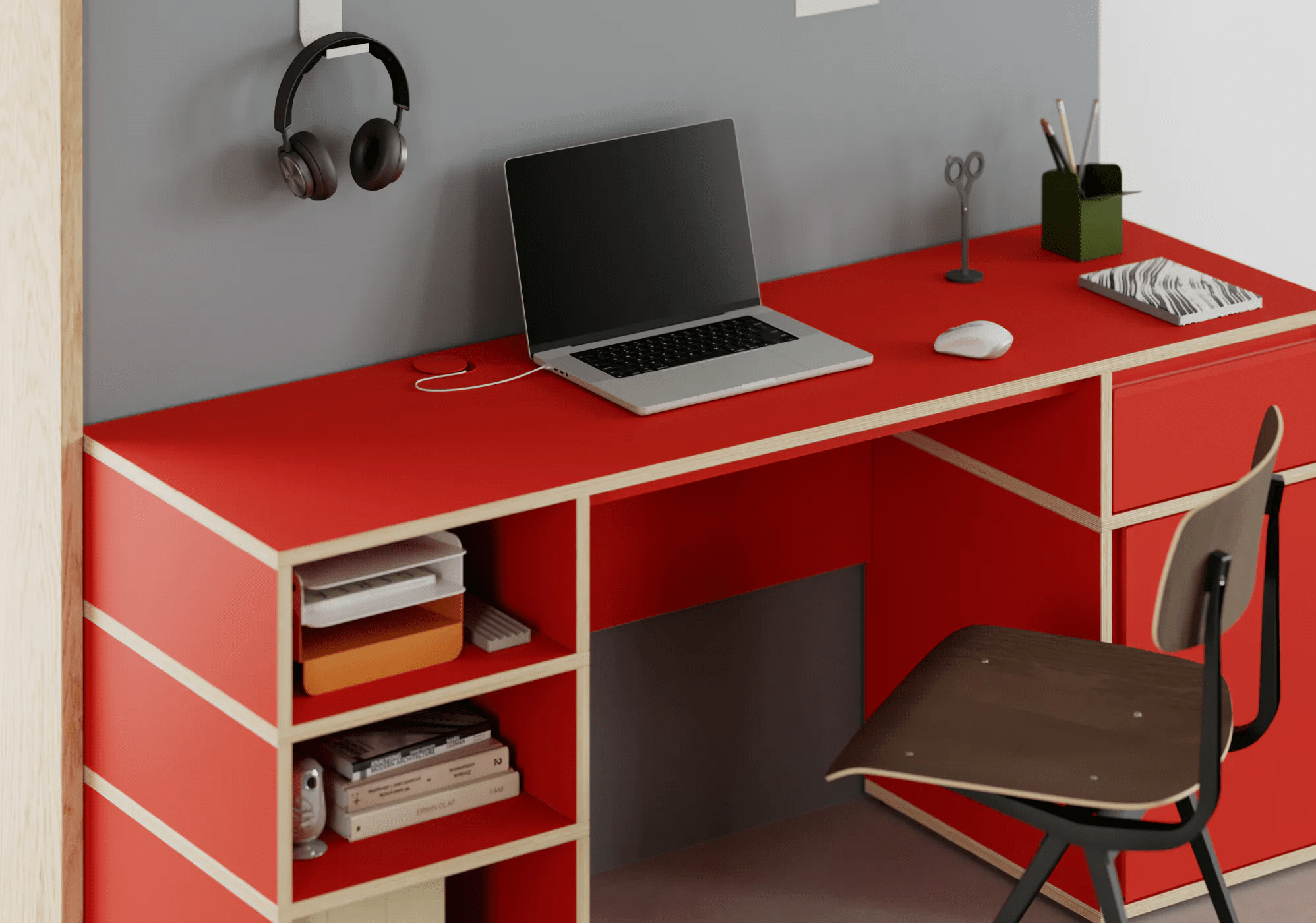 Grosses Reinrote Multiplexplatte Schreibtisch mit Türen, Schubladen, Ruckwanden und Kabelmanagement multiplexplatten - 160x73x50cm 3