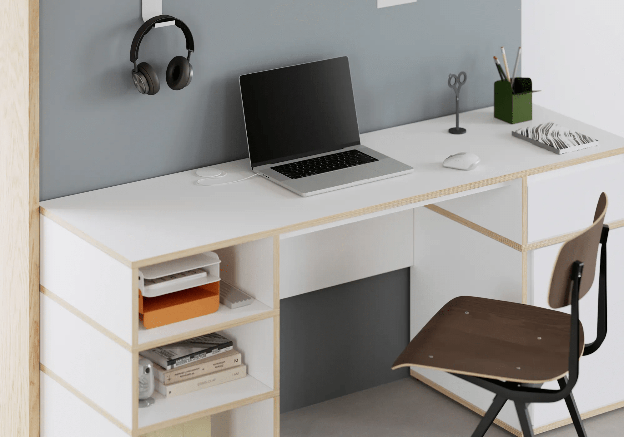 Desk in White with Doors and Drawers 3