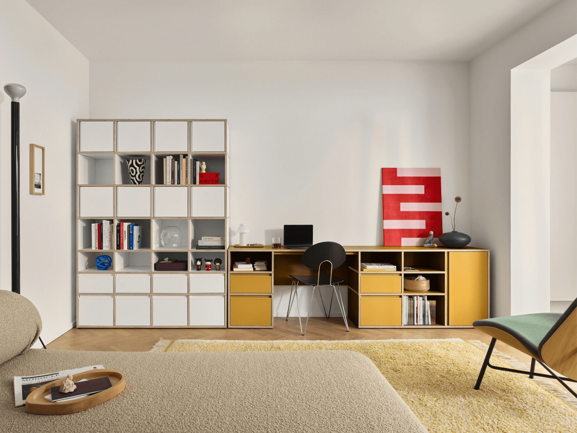 Grosses Gelbe Multiplexplatte Schreibtisch mit Türen, Schubladen, Ruckwanden und Kabelmanagement multiplexplatten - 160x73x50cm 1