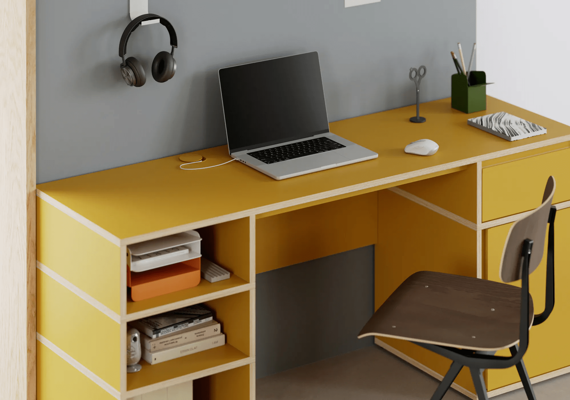 Duże żółte biurko z drzwiami, szufladami, panelami tylnymi oraz przelotką na kable sklejka - 160x73x50cm 3