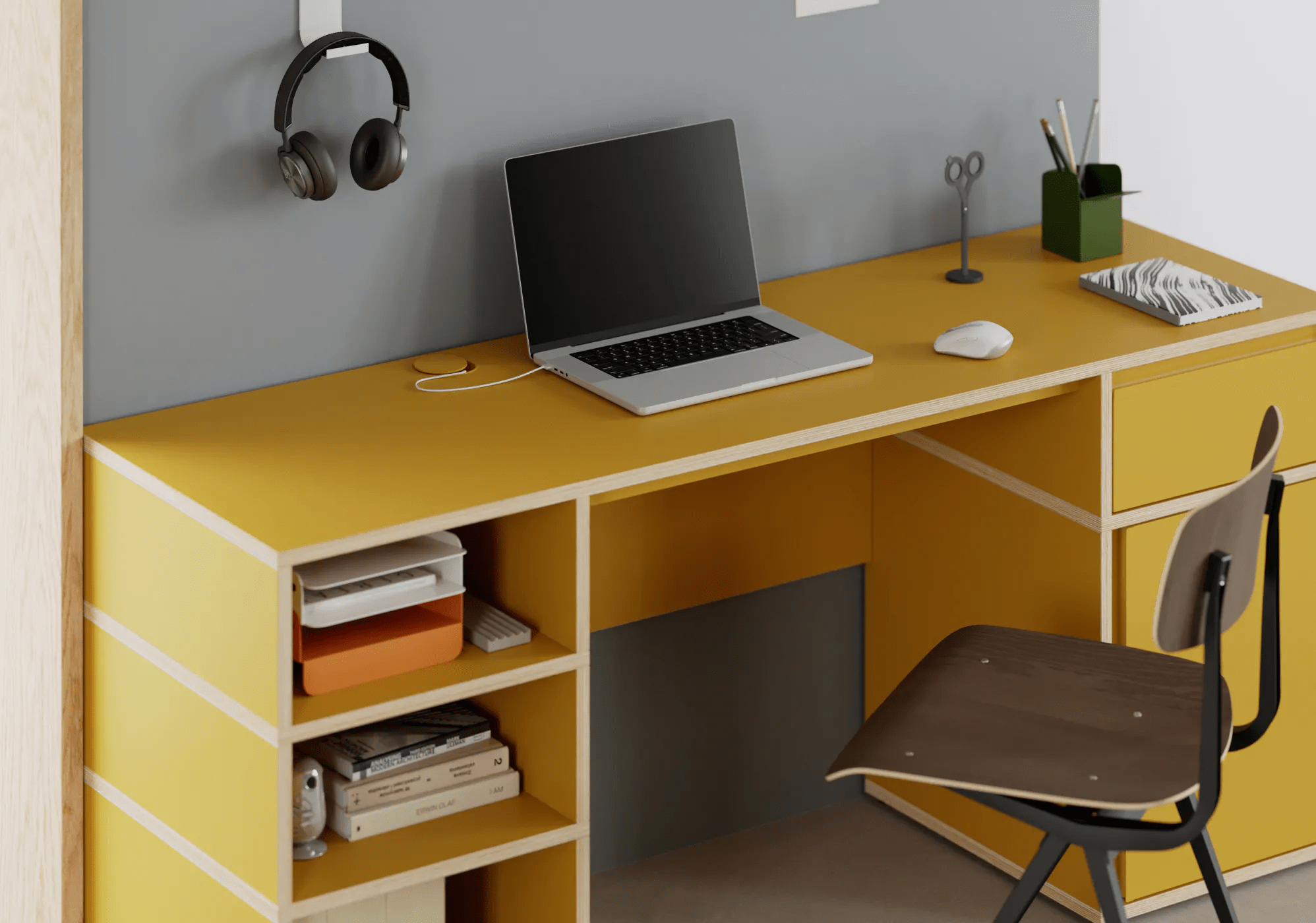 Desk in Yellow with Doors and Drawers 3