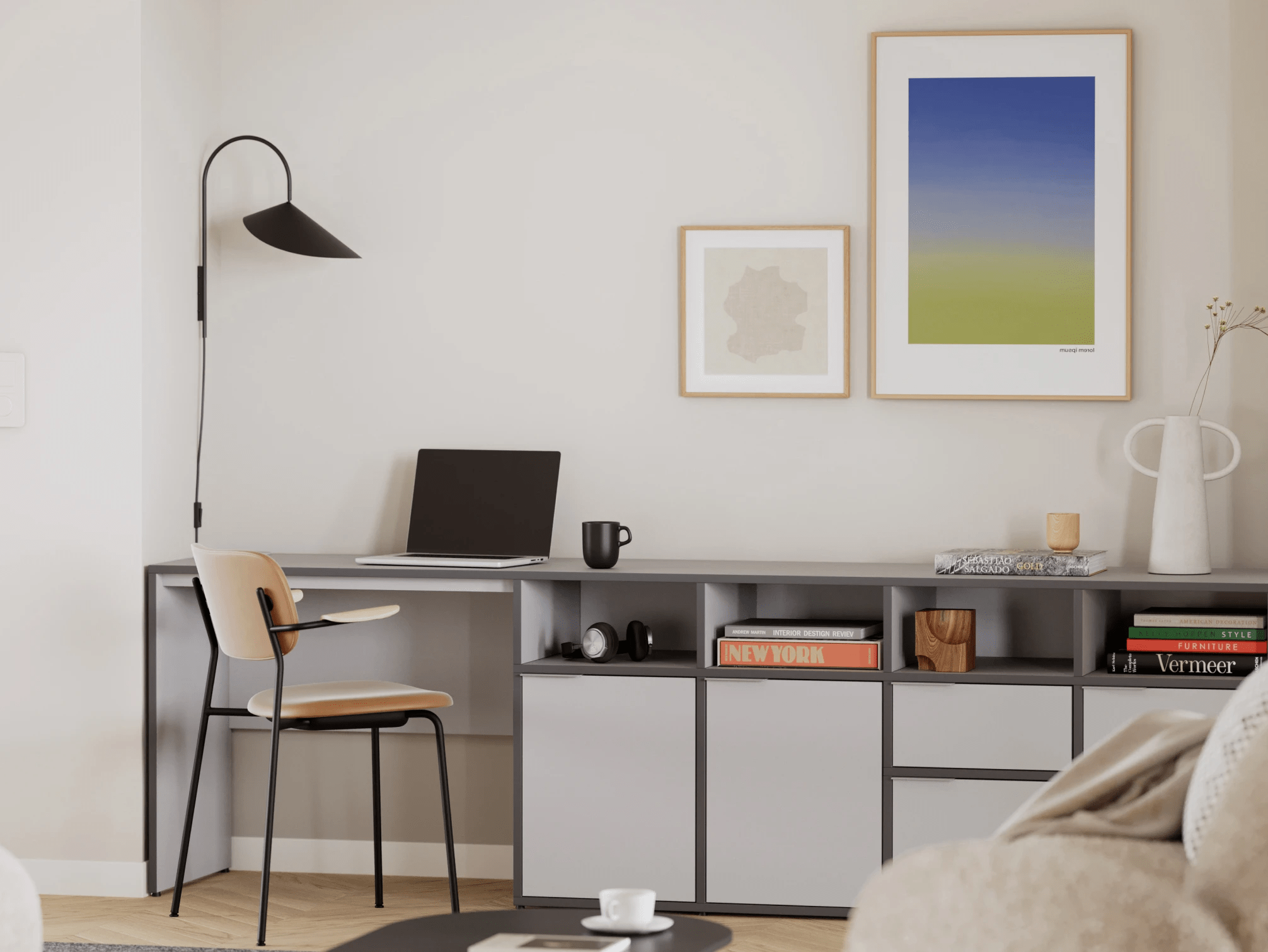 Bureau en Gris avec Portes et Tiroirs 1