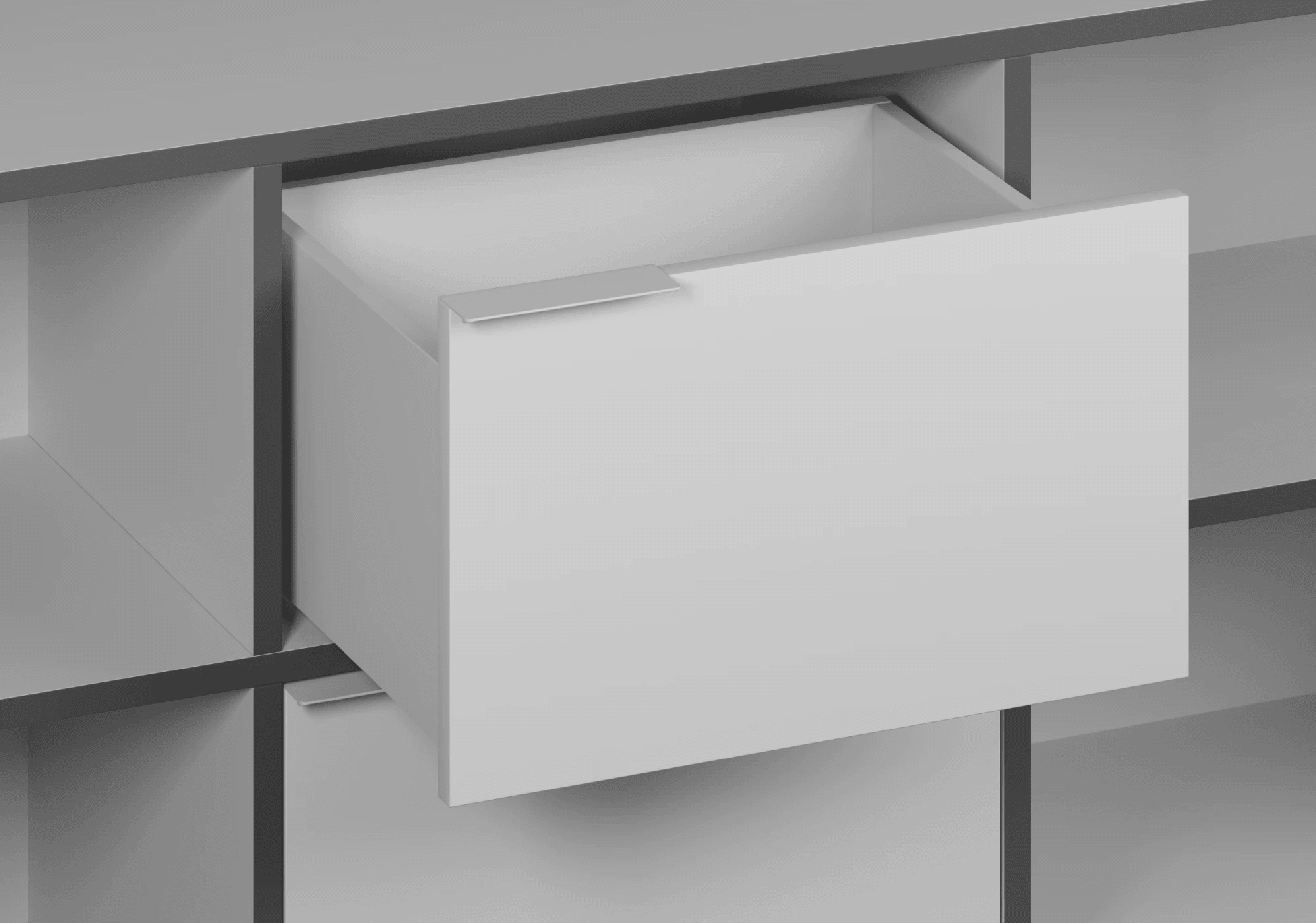 Duże szare biurko z drzwiami, szufladami, panelami tylnymi oraz przelotką na kable - 150x73x50cm 7