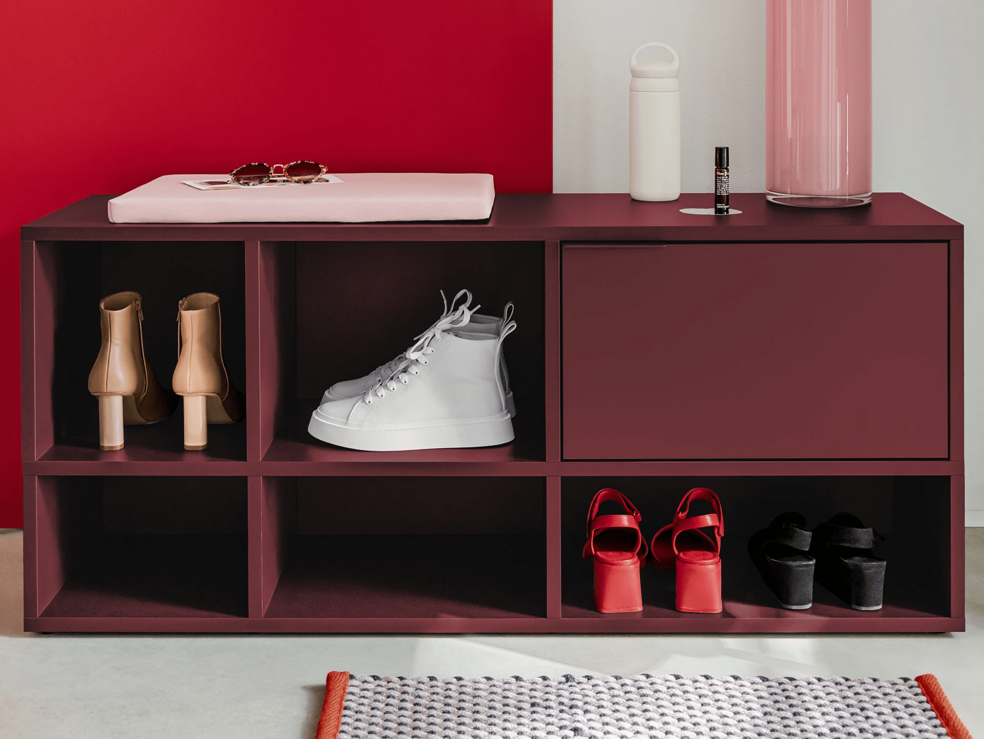 Large Burgundy Red Shoe Rack with Doors, Drawers, Backpanels and Cable Management - 240x93x32cm 2