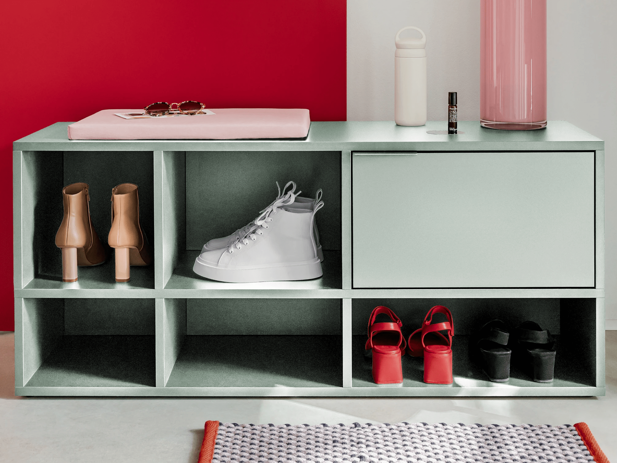 Shoe Rack in Green with Doors and Drawers 2