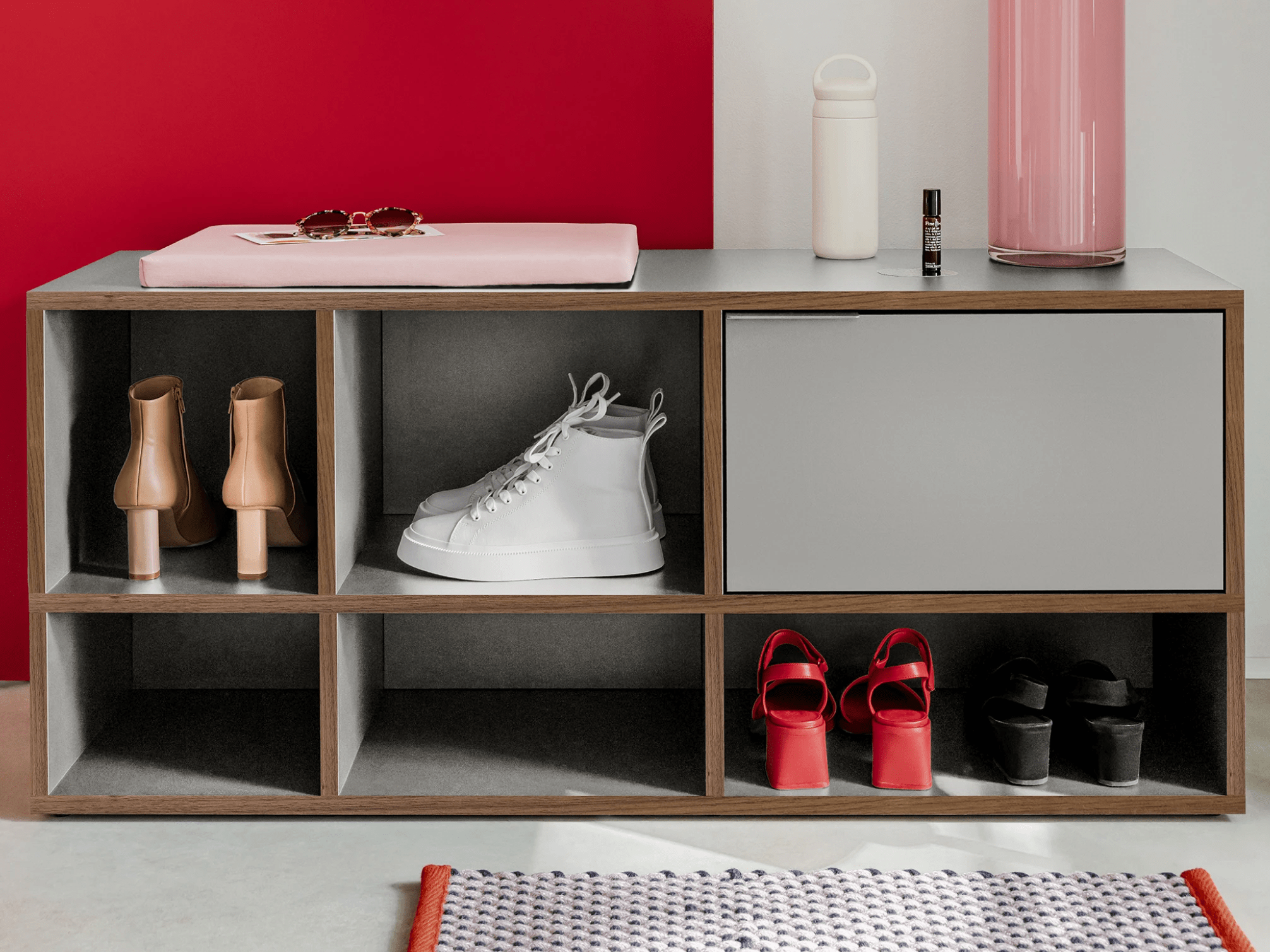 Shoe Rack in Stone Grey and Walnut with Drawers and Backpanels 2