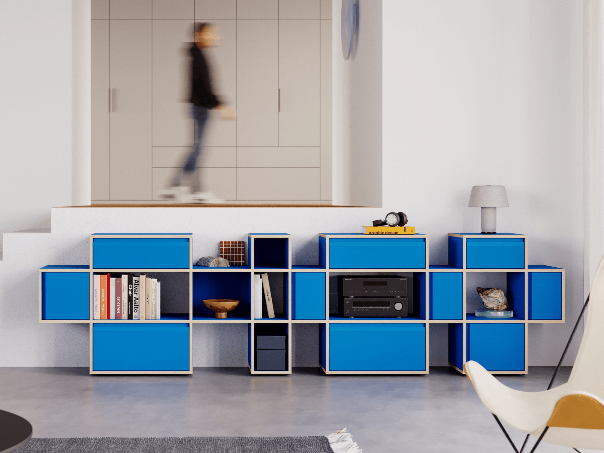 Grosses Blaue Multiplexplatte Sideboard mit Türen, Schubladen, Ruckwanden, Kabelmanagement und Sockel multiplexplatten - 275x93x40cm 1