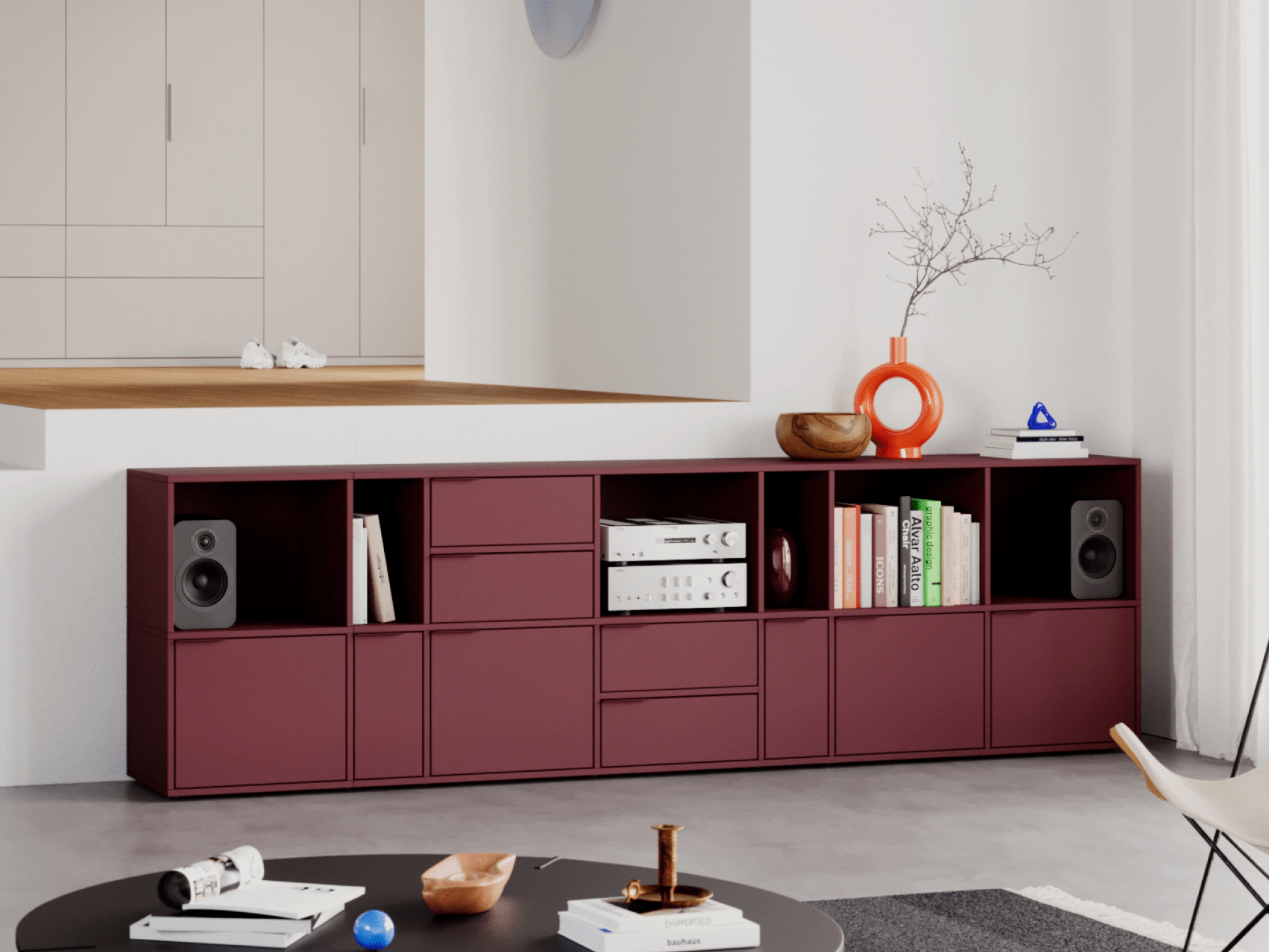 Credenza in Rosso Borgogna con Ante e Cassetti 1