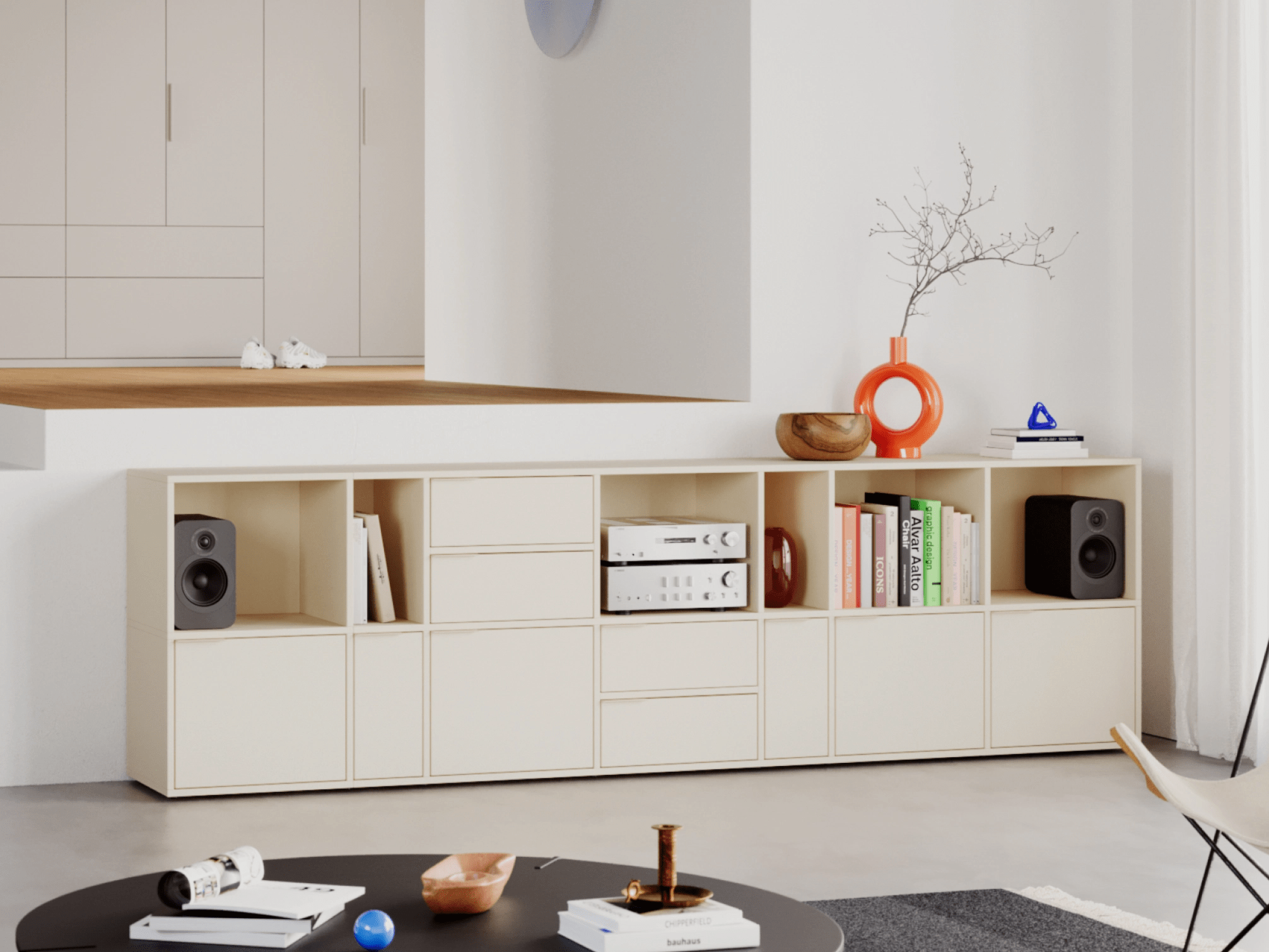 Sideboard in Beige with Drawers and Backpanels 1