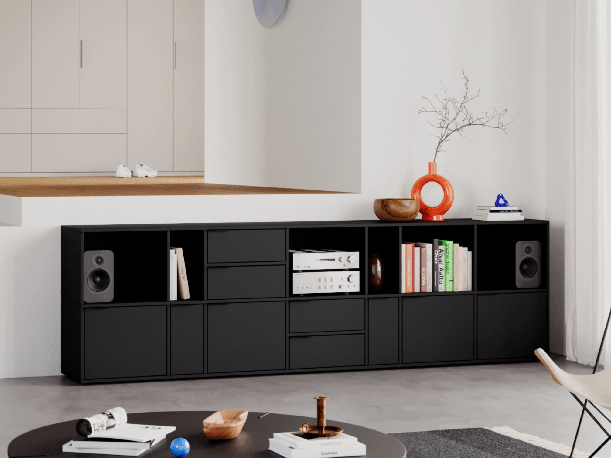 Sideboard in Black with Doors and Drawers 1