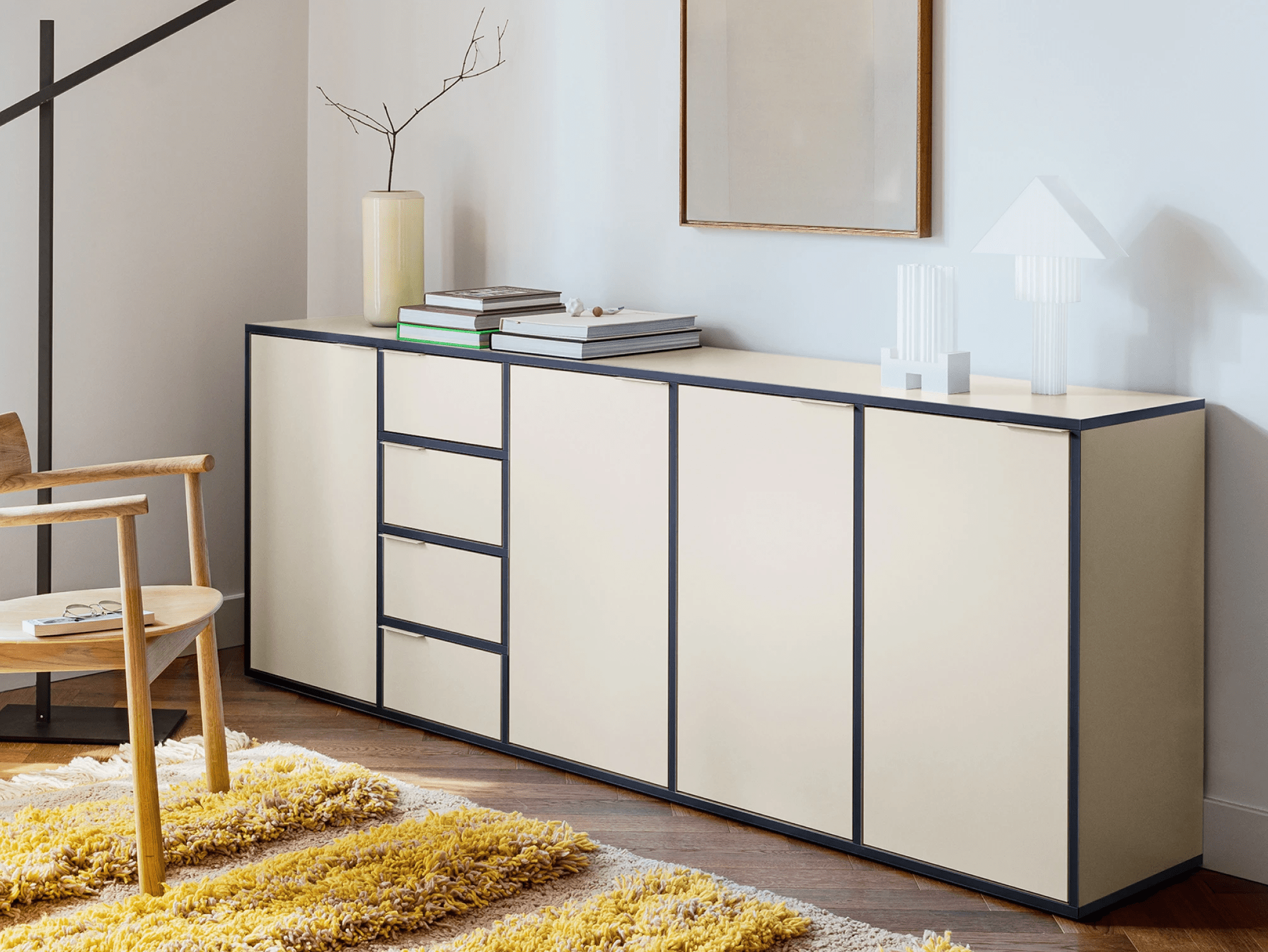 Credenza in Sabbia e Blu con Ante e Cassetti 2