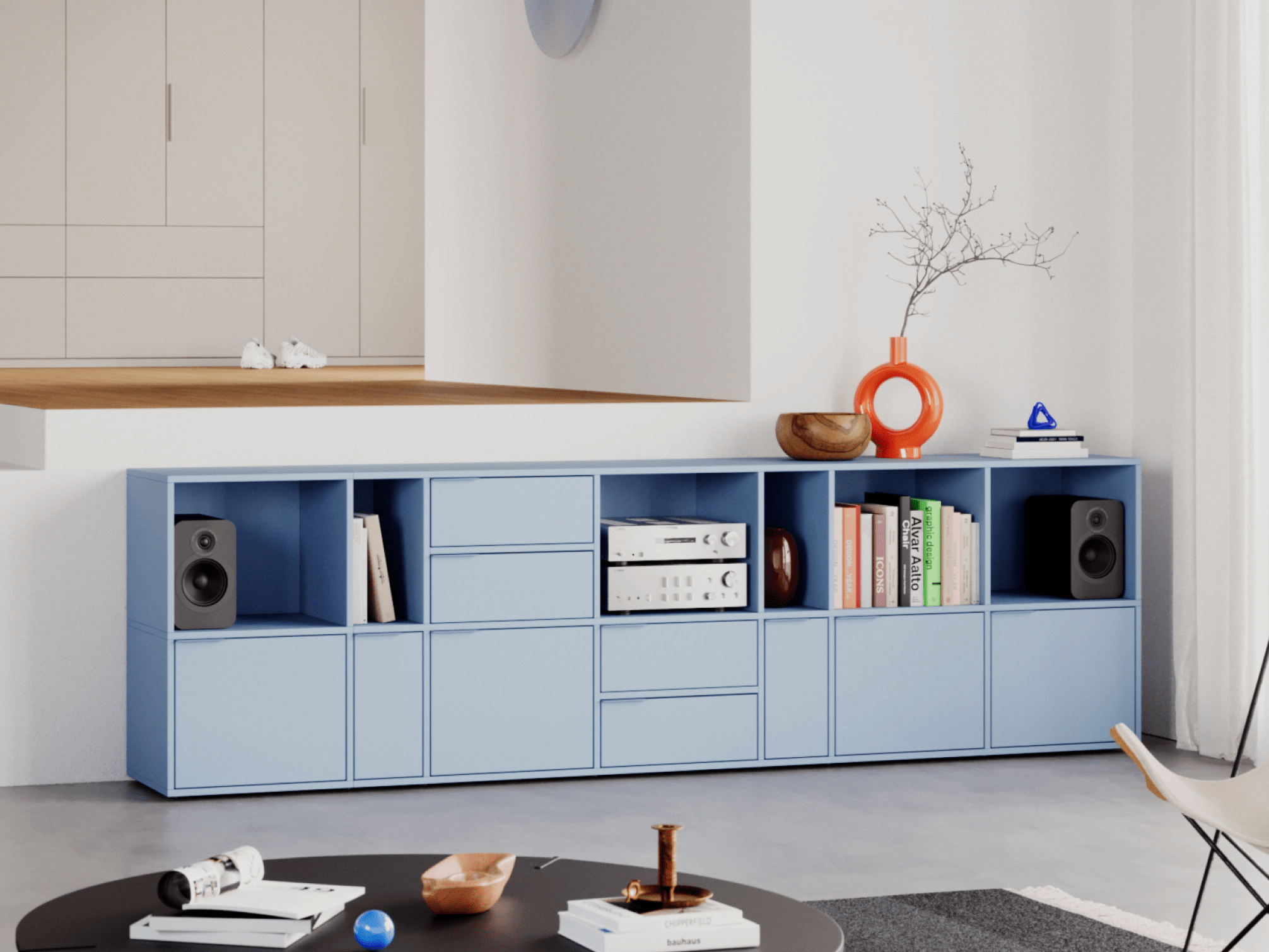 Sideboard in Blue with Doors and Drawers 1