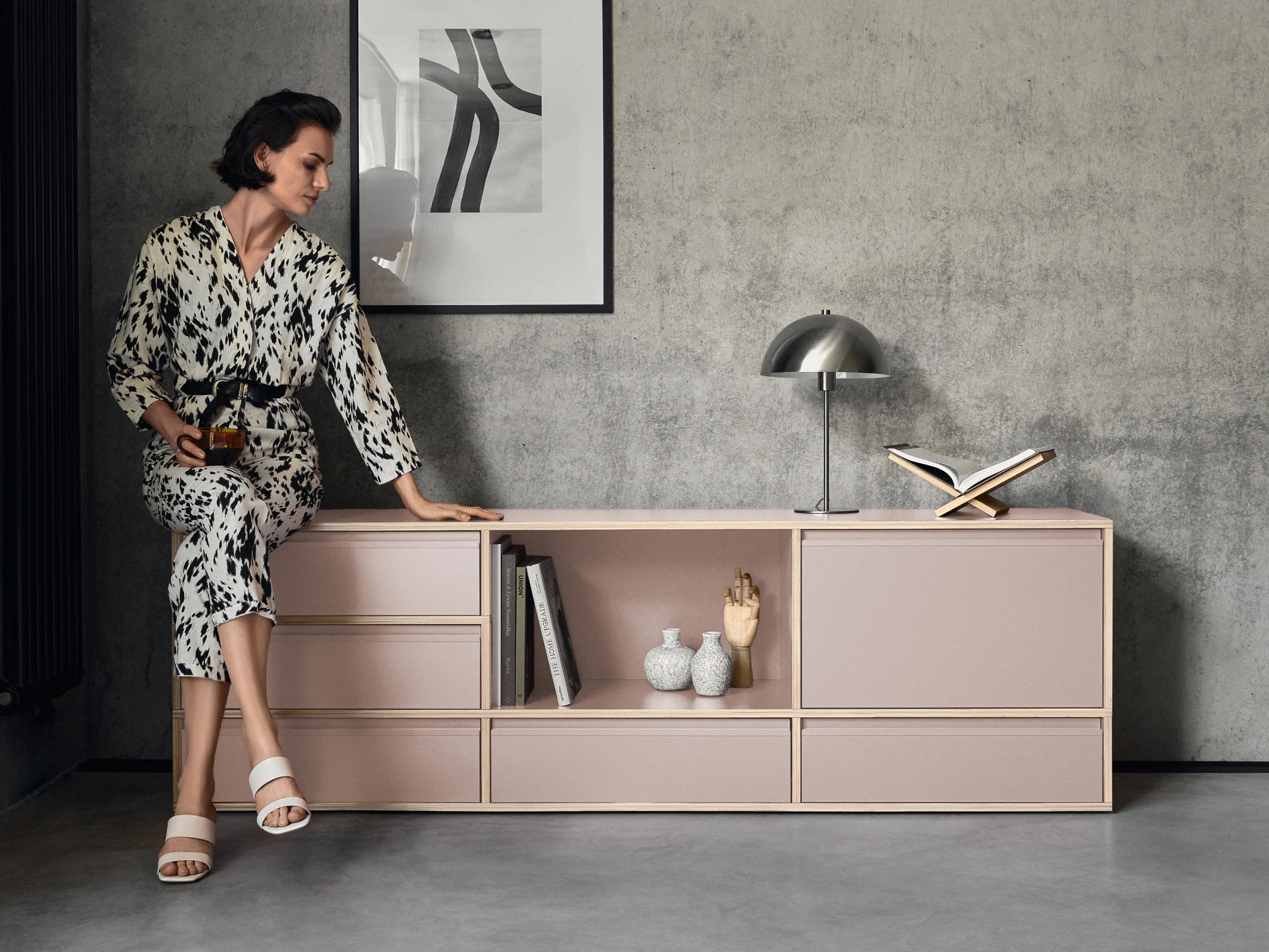 Sideboard in Pink with Doors and Drawers 1