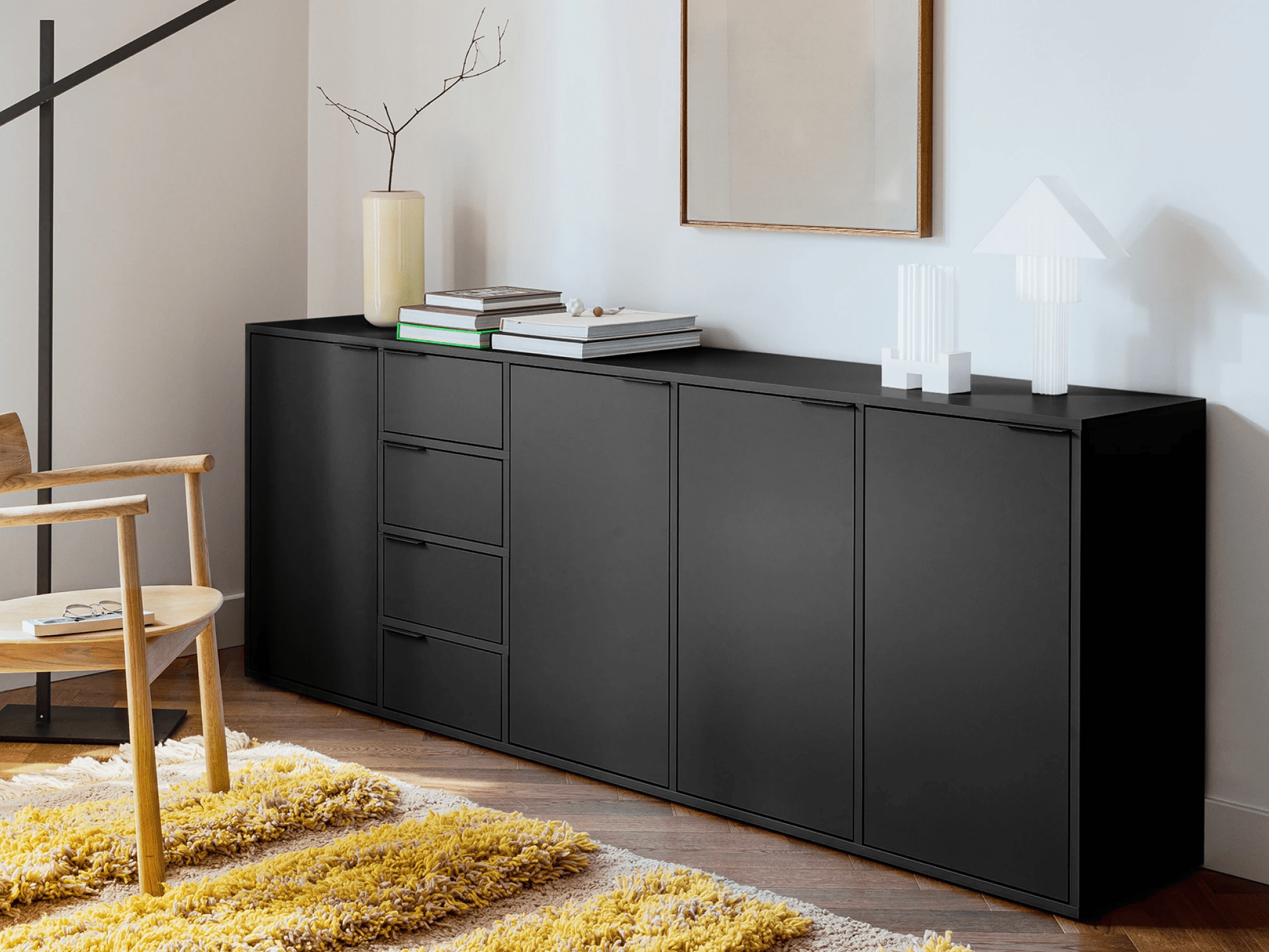 Grosses Common_Matte_Black Sideboard mit Türen, Schubladen und Ruckwanden - 234x113x32cm 2