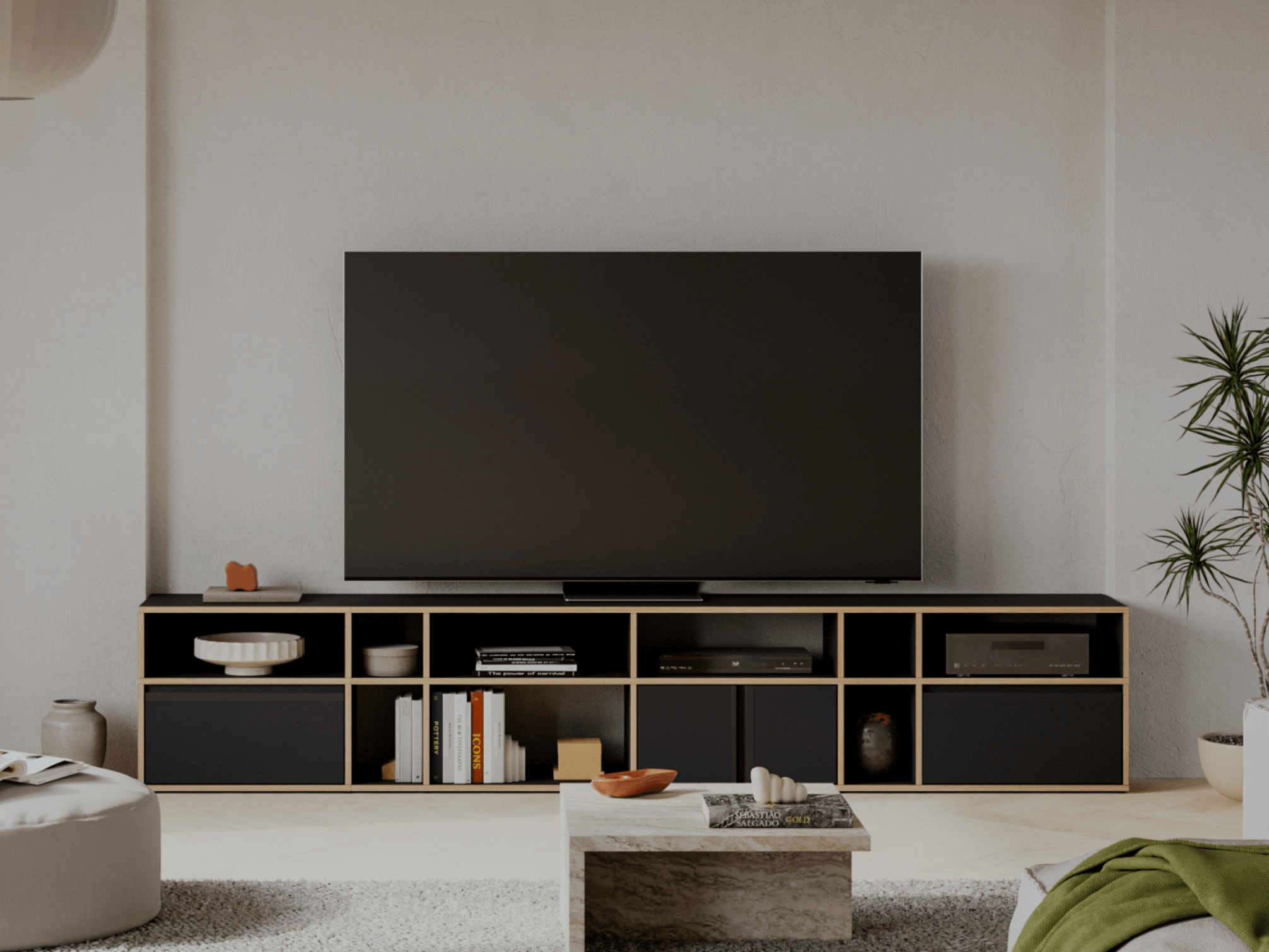 Tv Stand in Black with Drawers and Backpanels 1