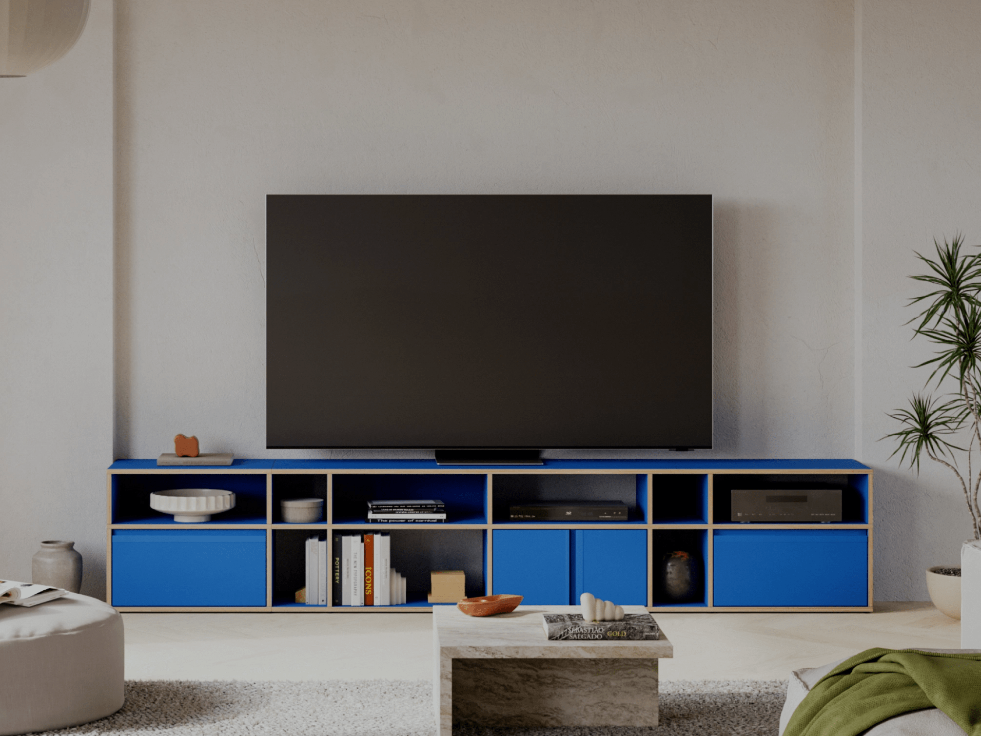 Grand Meuble Tv en Contreplaqué Bleu avec Portes, Tiroirs, Panneaux Arriere et Passe-Cables contreplaqué - 240x63x40cm 1