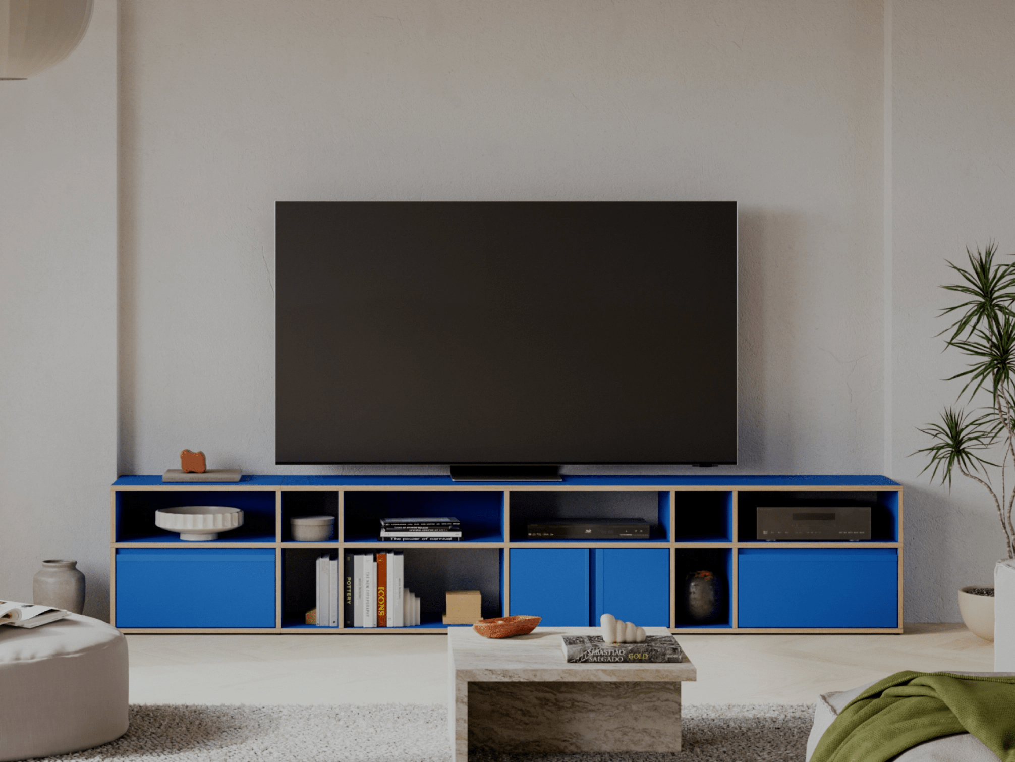 Tv Stand in Blue with Drawers and Cable Management 1