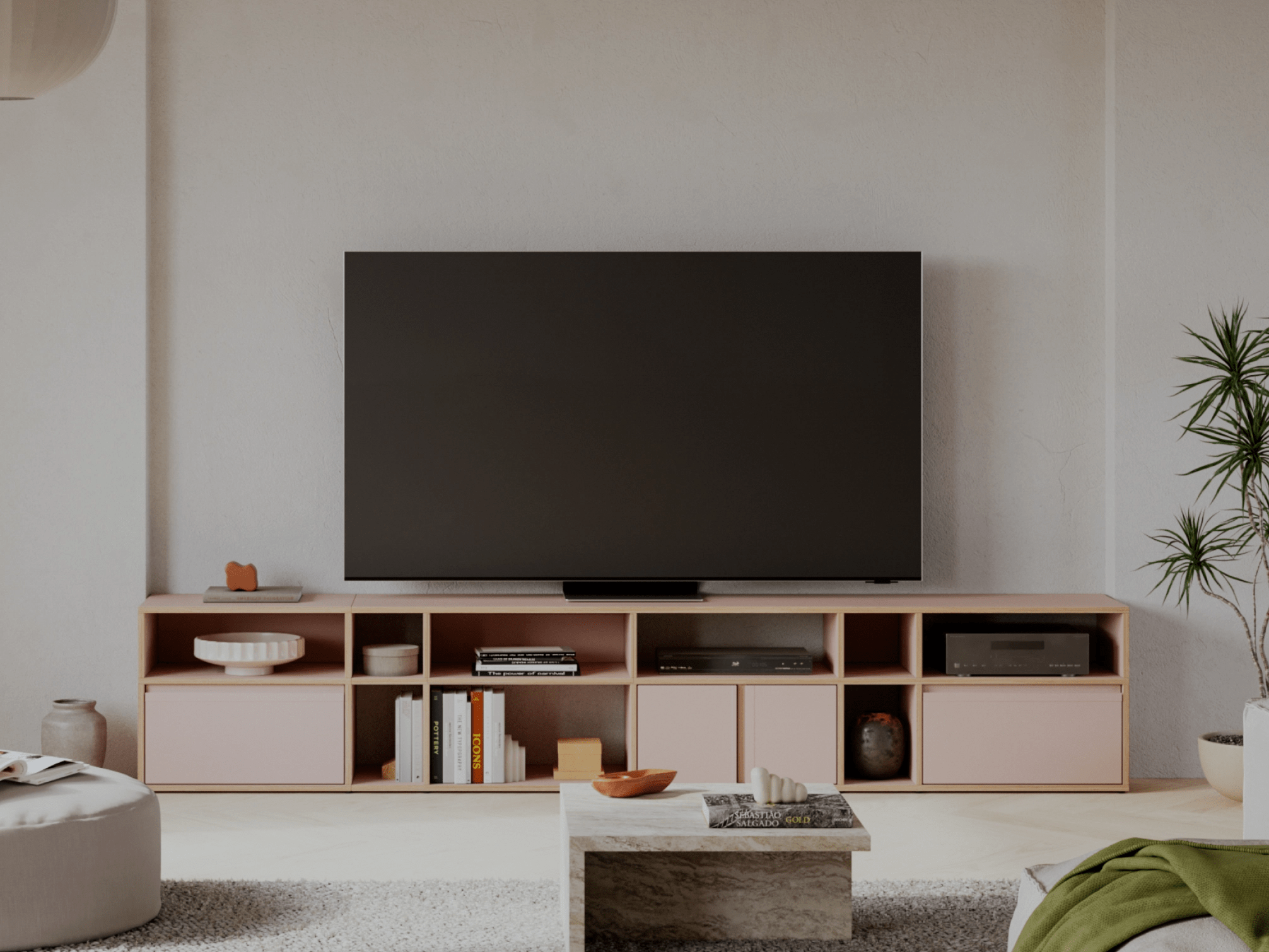 Deep Dusty Pink Plywood Tv Stand with Drawers and Cable Management plywood - 190x53x40cm 1