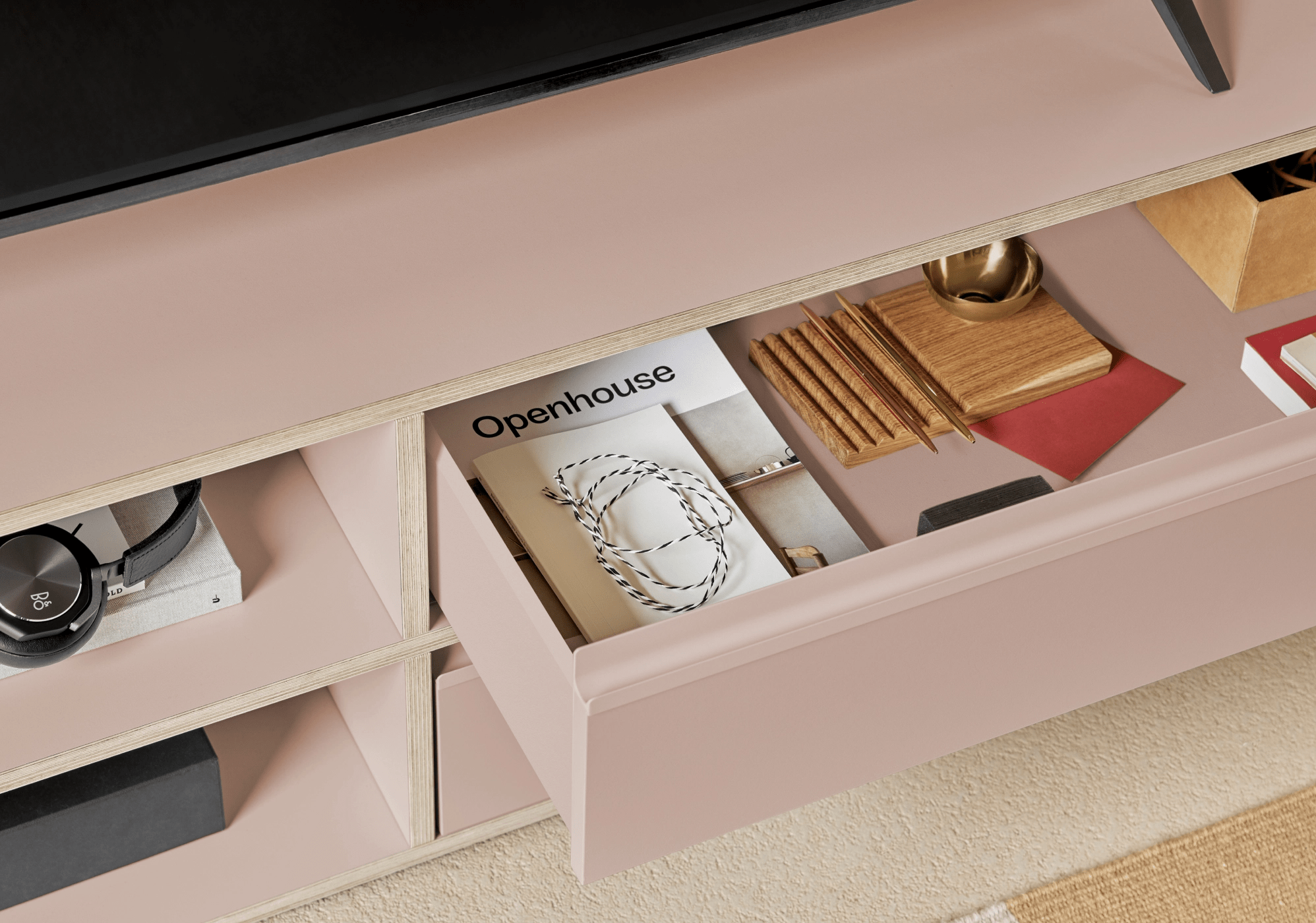 Szeroka Głęboka różowa szafka rtv z drzwiami, szufladami oraz przelotką na kable sklejka - 216x43x40cm 3
