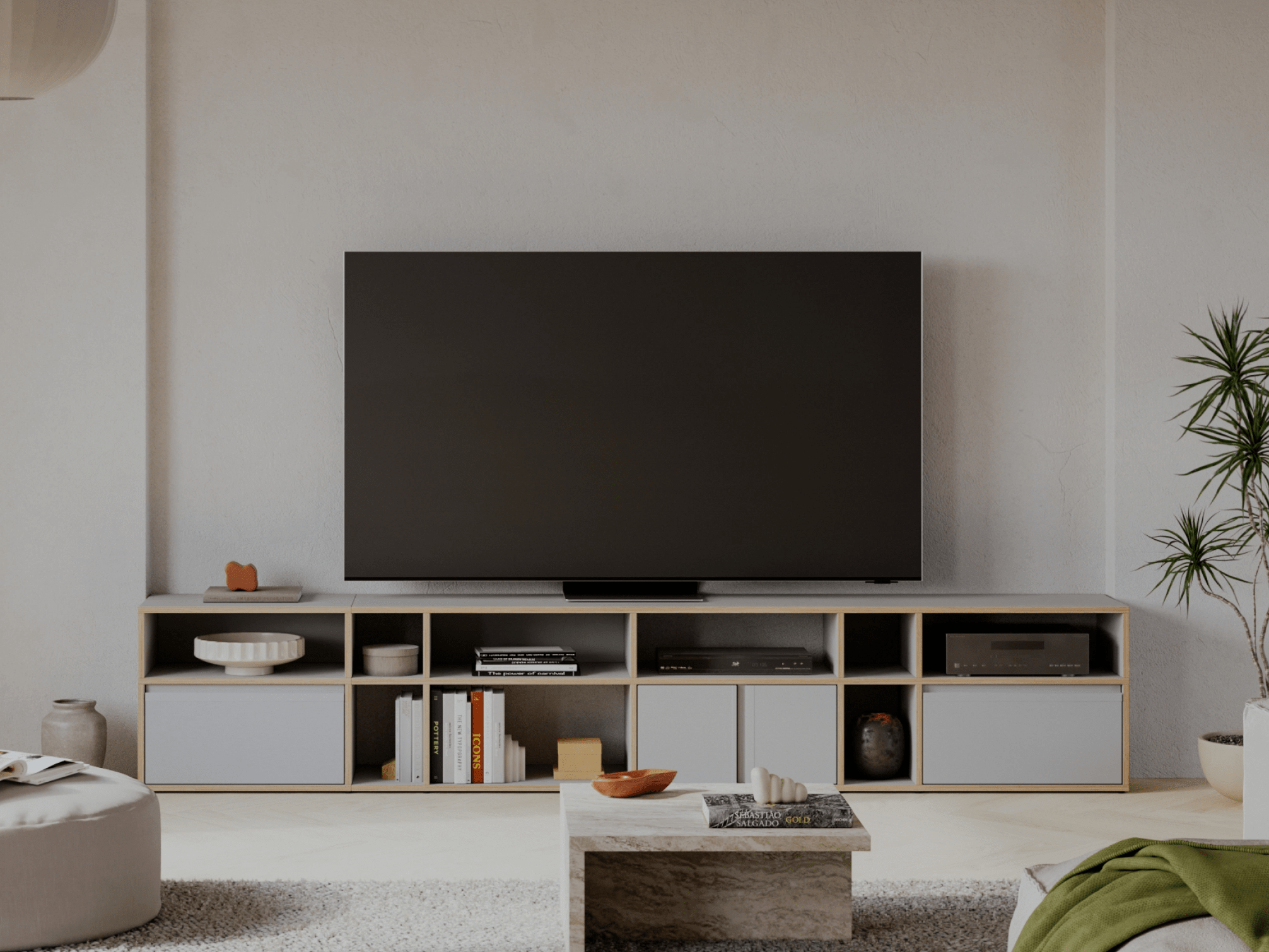 Tv Stand in Grey with Doors and Bottom Storage 1