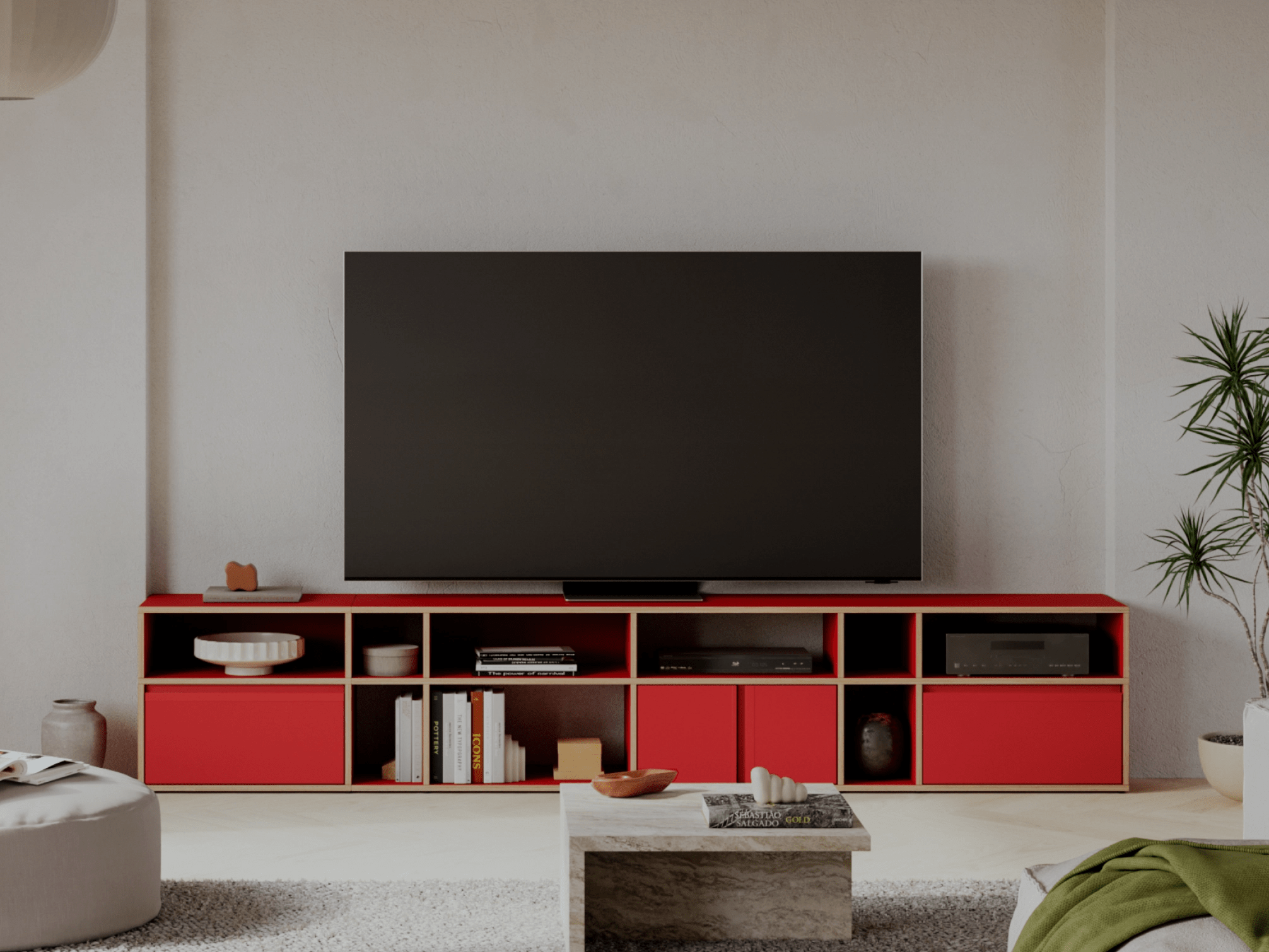 Tv Stand in Red with Drawers and Backpanels 1