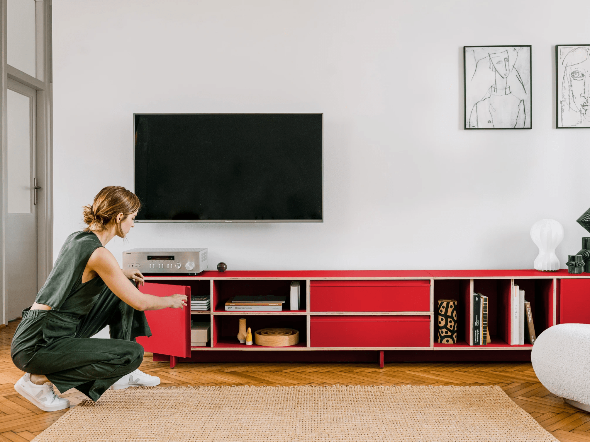 Tv Stand in Red with Doors and Drawers 2