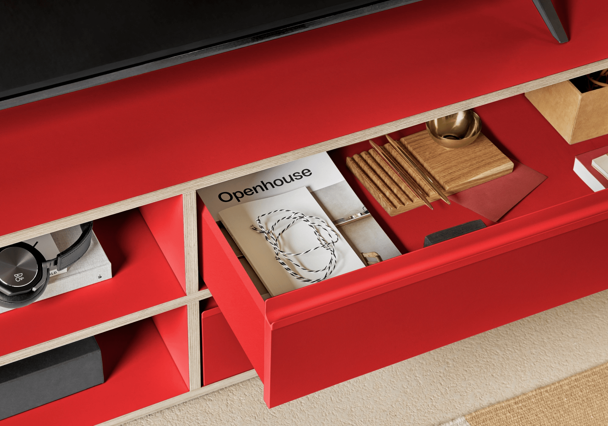 Tv Stand in Red with Drawers and Plinth 3