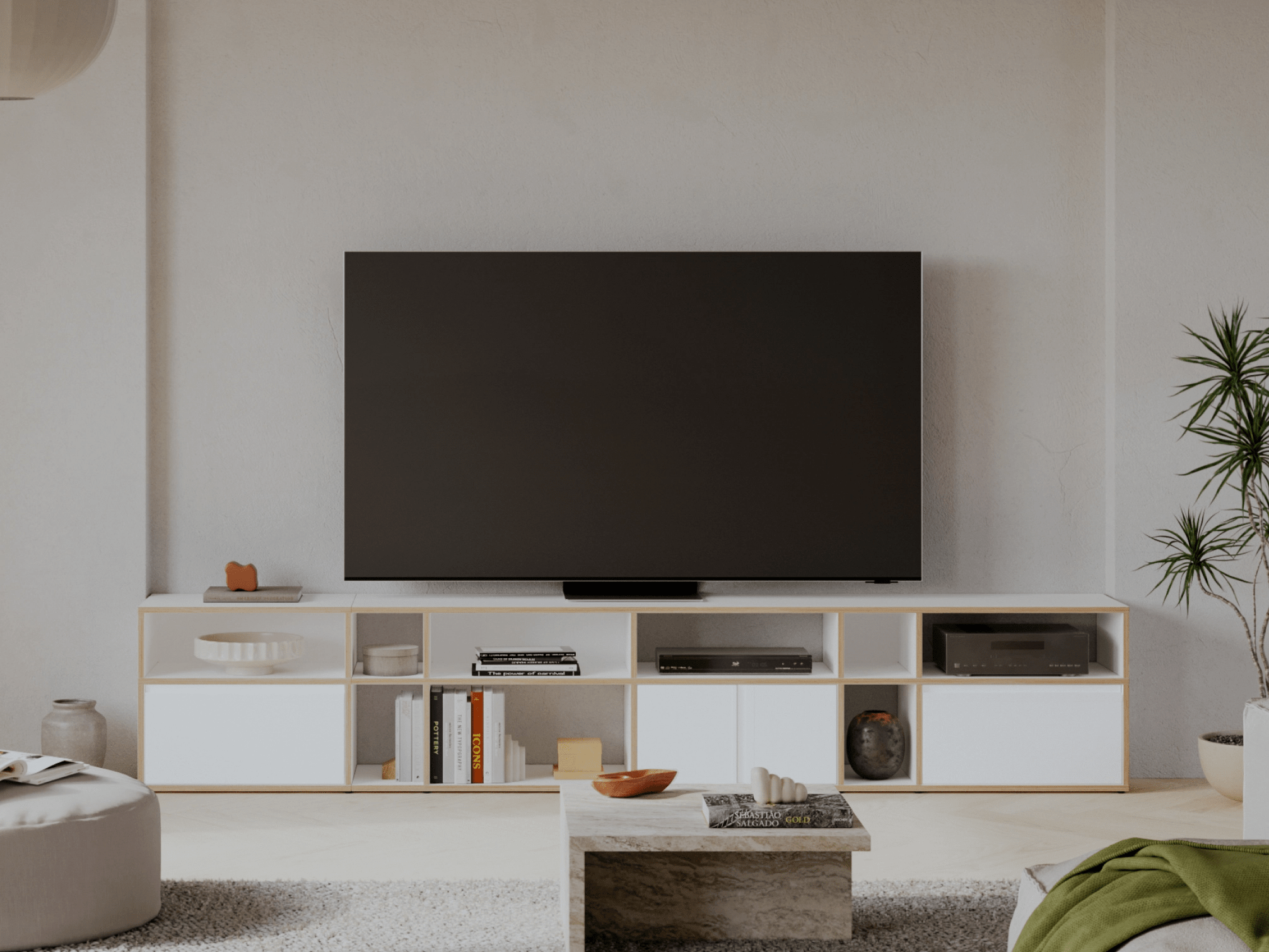 Tv Stand in White with Doors and Bottom Storage 1