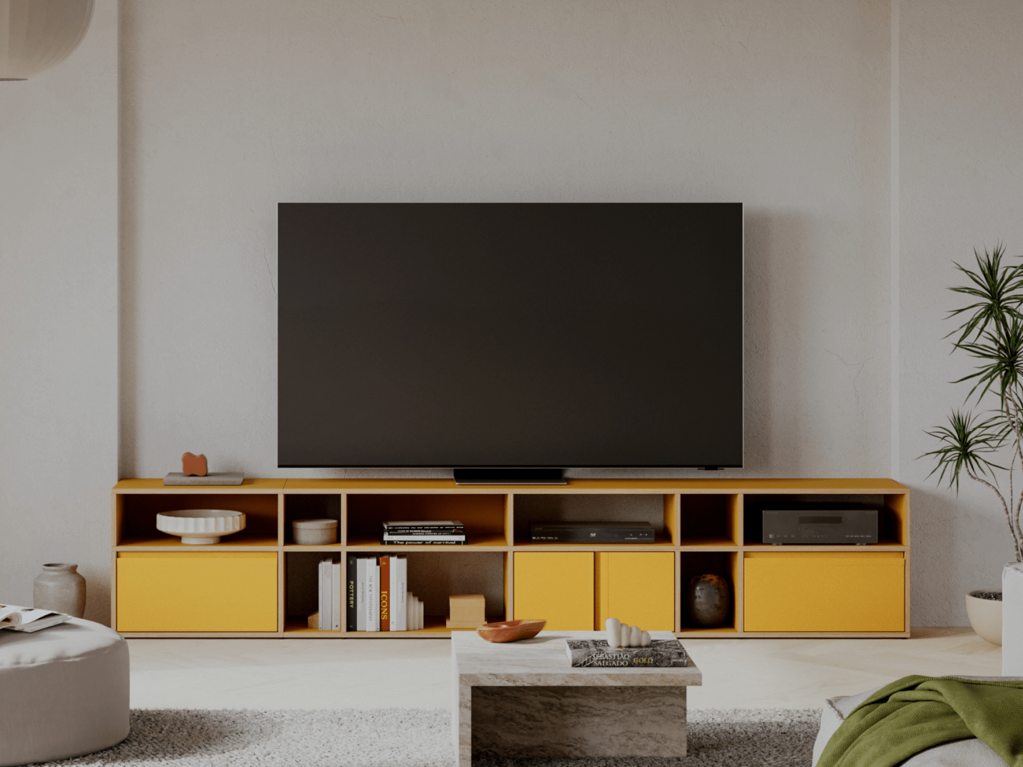 Tv Stand in Yellow with Drawers and Plinth 1