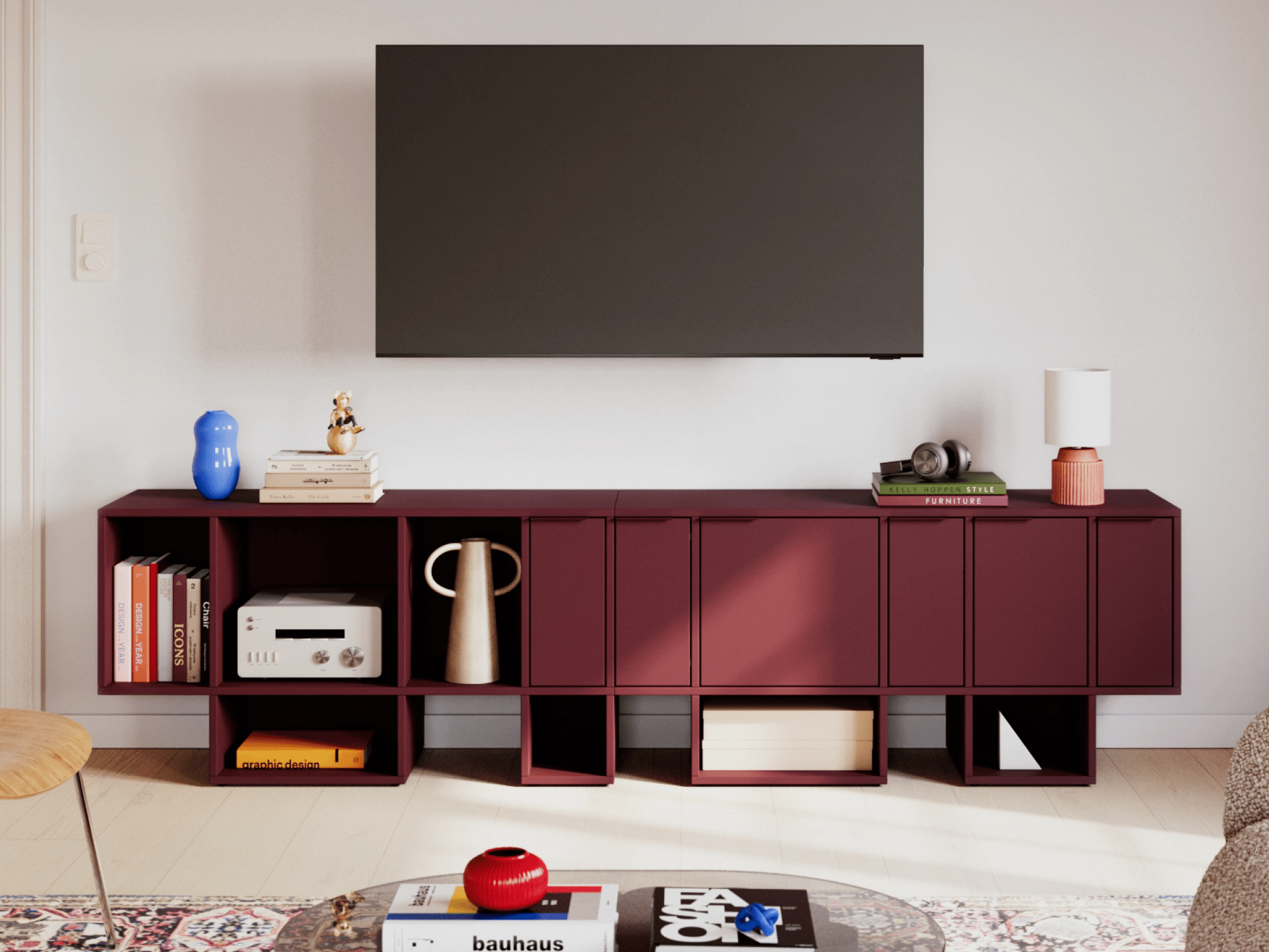 Tv Stand in Burgund with Drawers and Cable Management 1