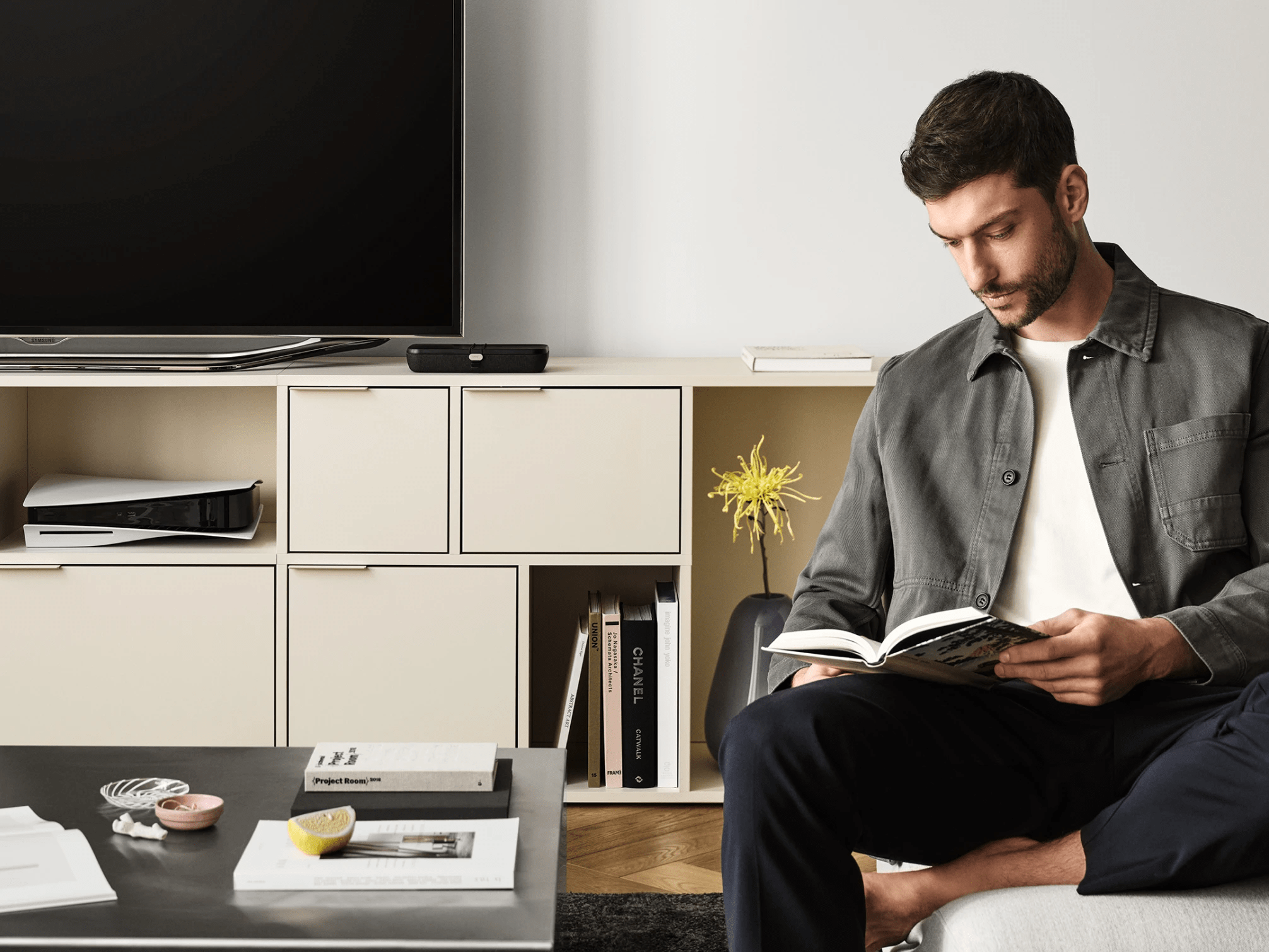 Tv Stand in Beige with Drawers and Backpanels 2