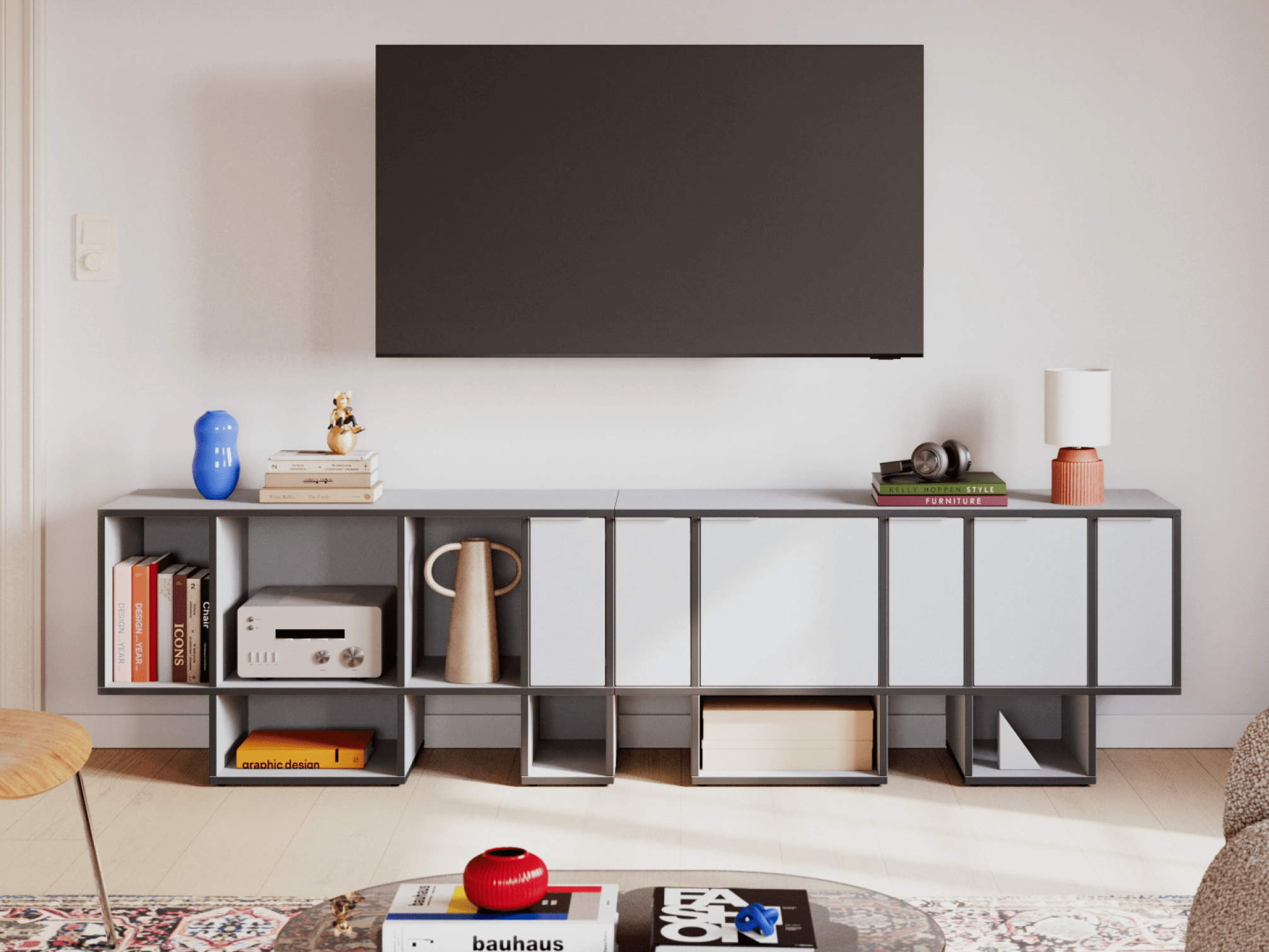 Tv Stand in Grey with Drawers and Backpanels 1