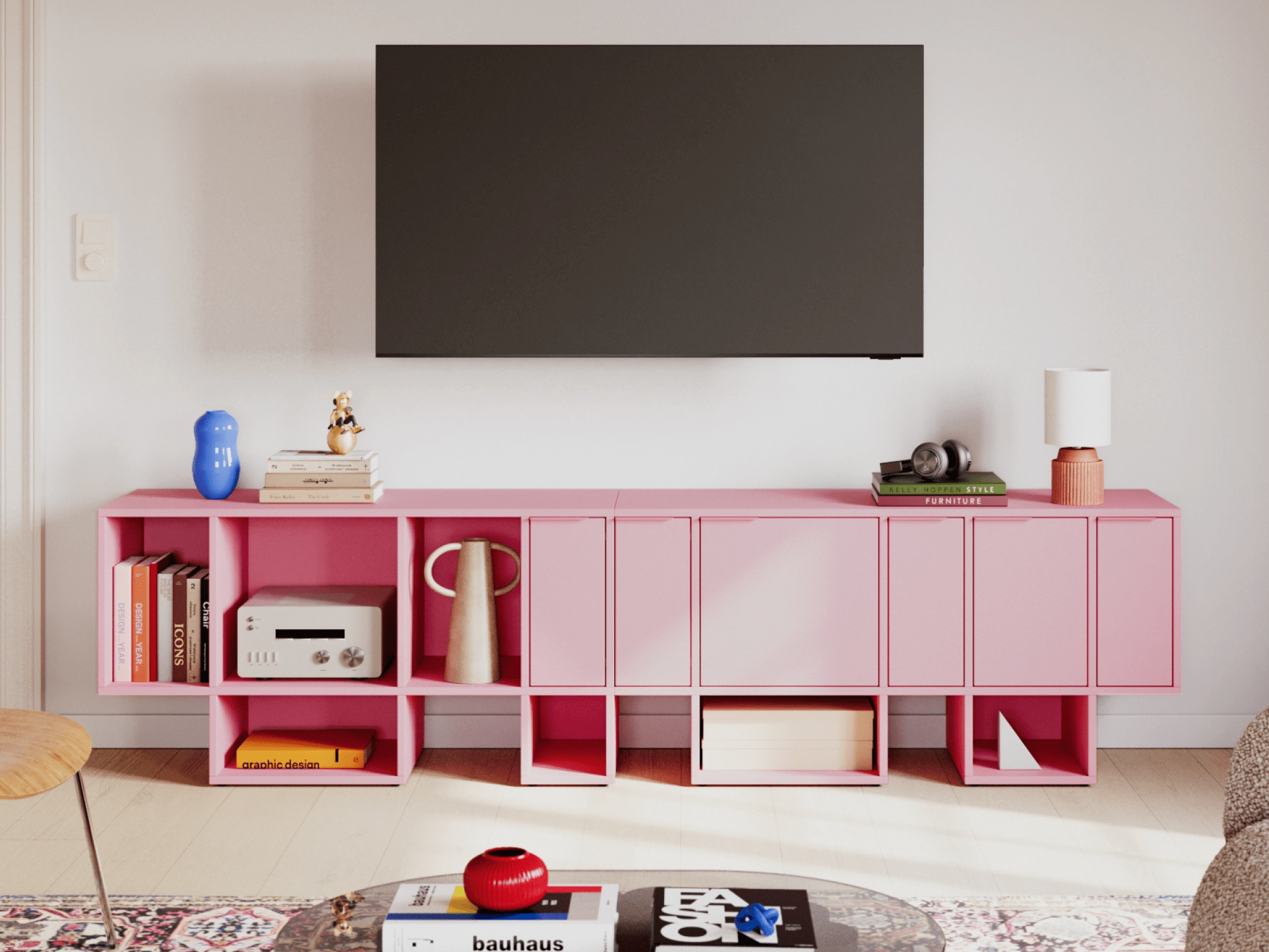 Stor Reisinger Pink Tv -Stativ med Dörrar, Lådor, Bakpaneler och Kabelhantering - 253x73x40cm 1