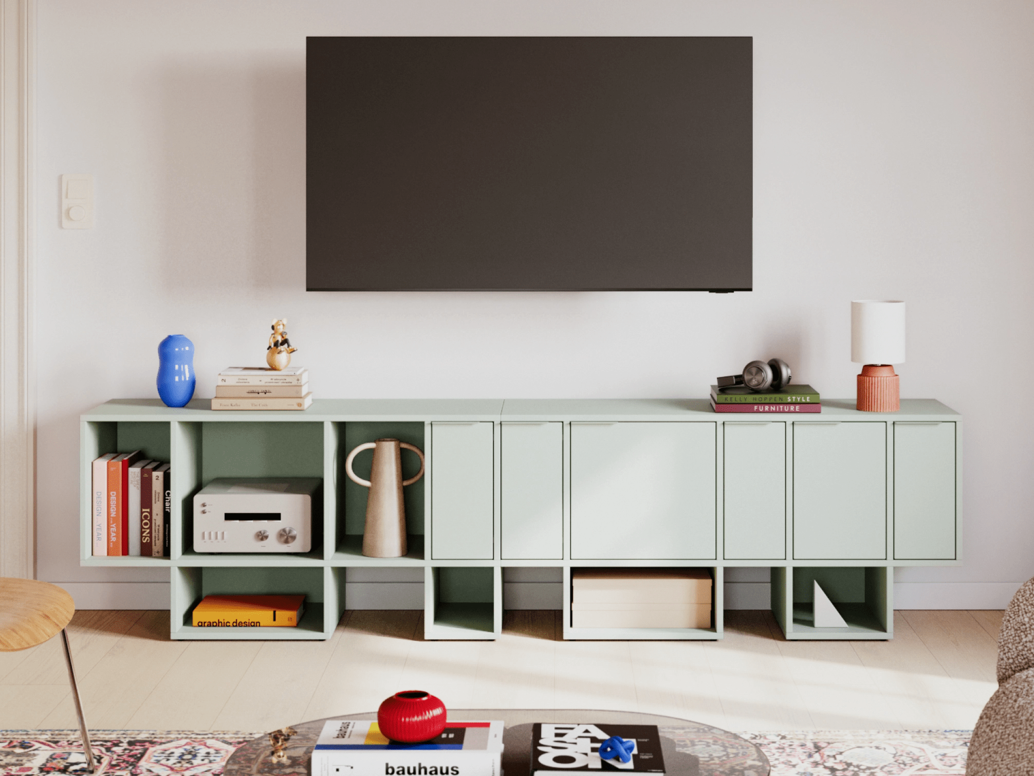 Tv Stand in Green with Doors and Backpanels 1