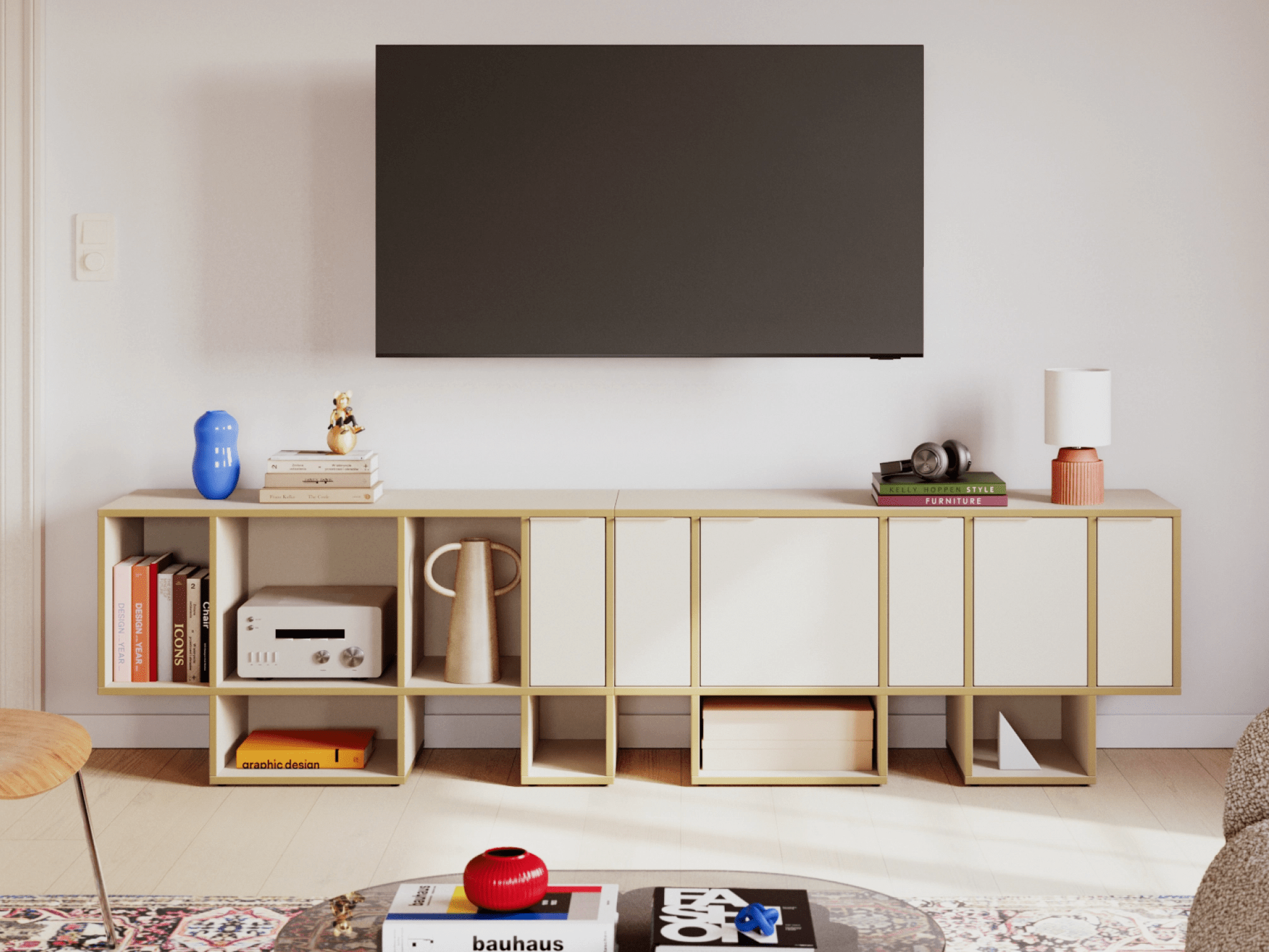 Tv Stand in Sand and Yellow with Doors and Drawers 1