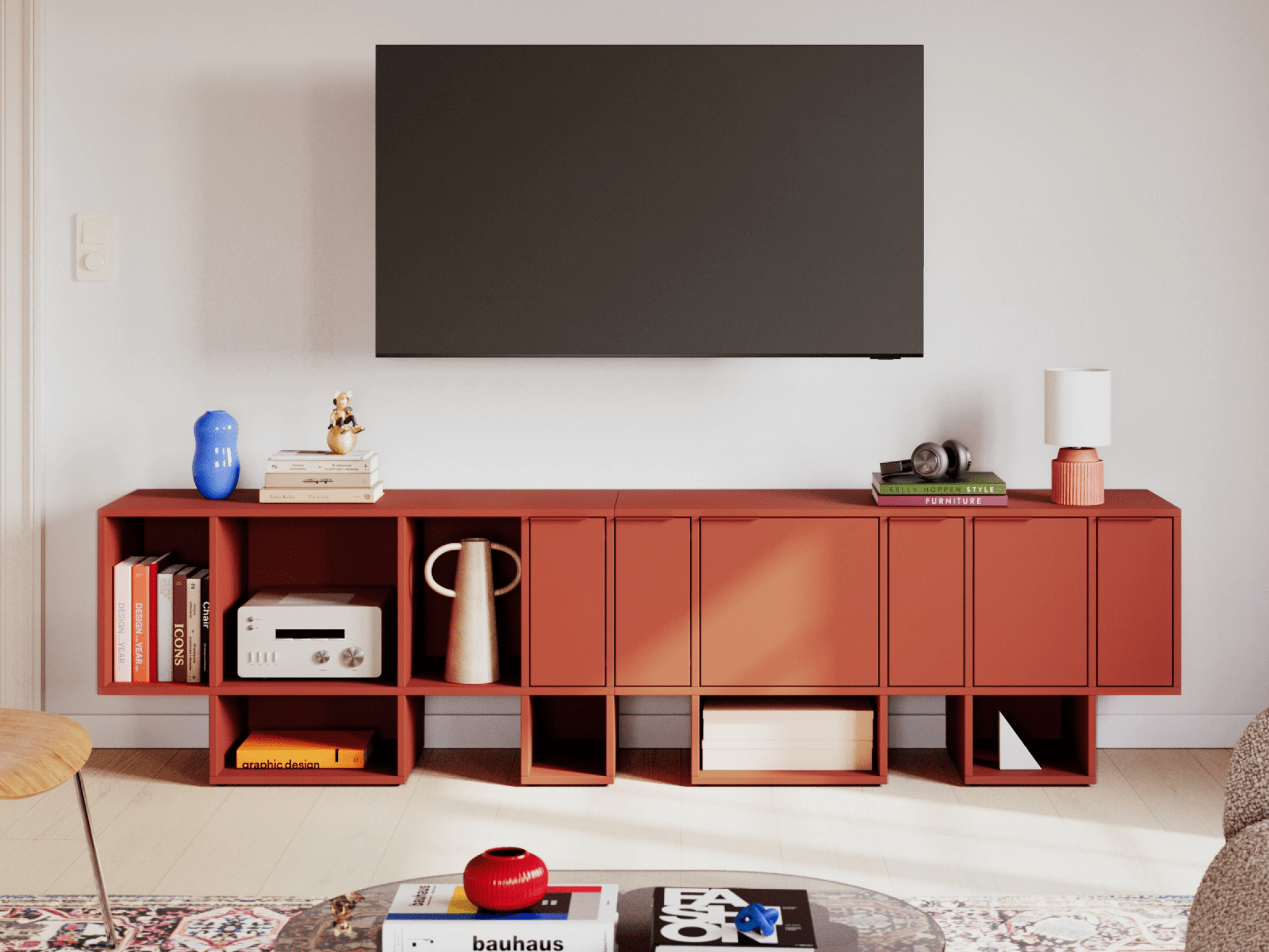 Tv Stand in Terracota with Drawers and Backpanels 1