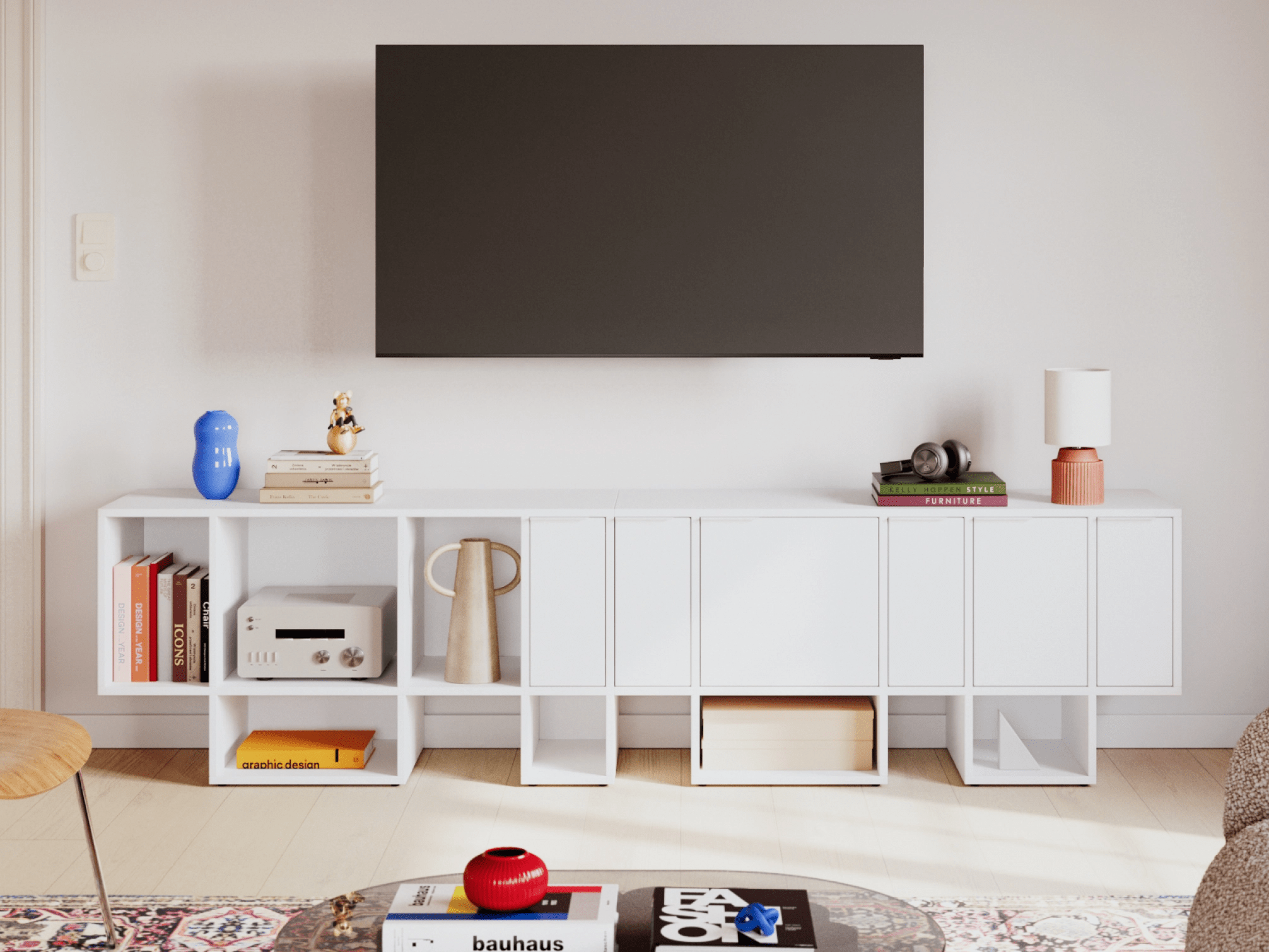 Tv Stand in White with Doors and Backpanels 1