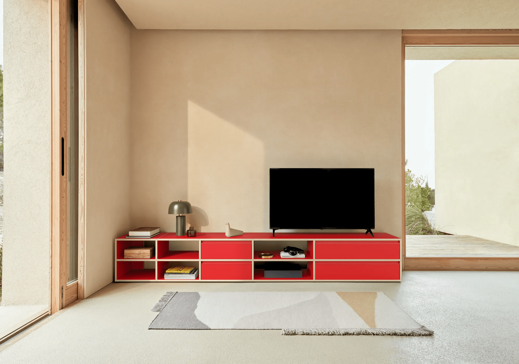 Large Classic Red Plywood Tv Stand with Drawers plywood - 280x43x32cm 1