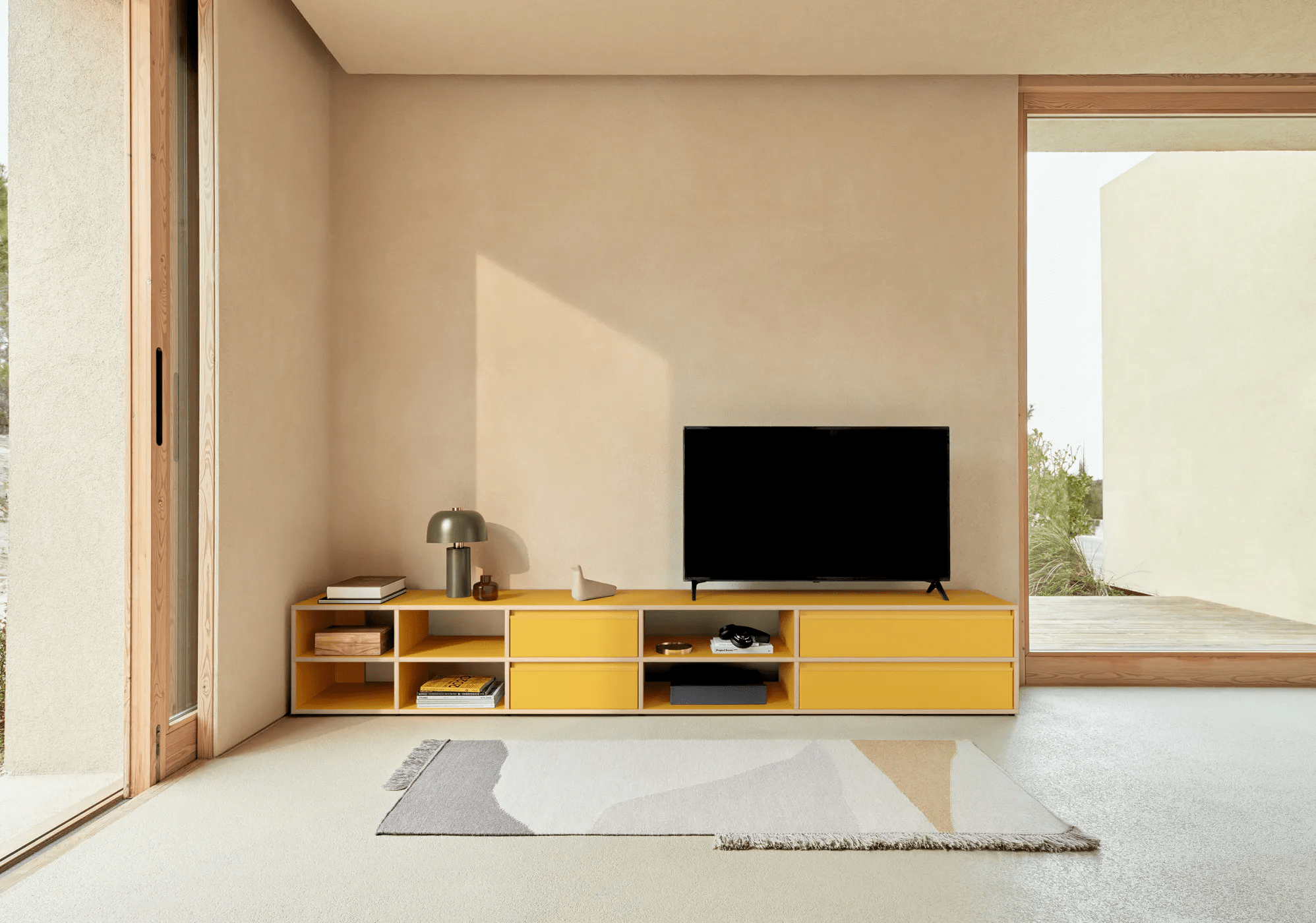 Tall Yellow Plywood Tv Stand with Doors and Drawers plywood - 182x83x32cm 1