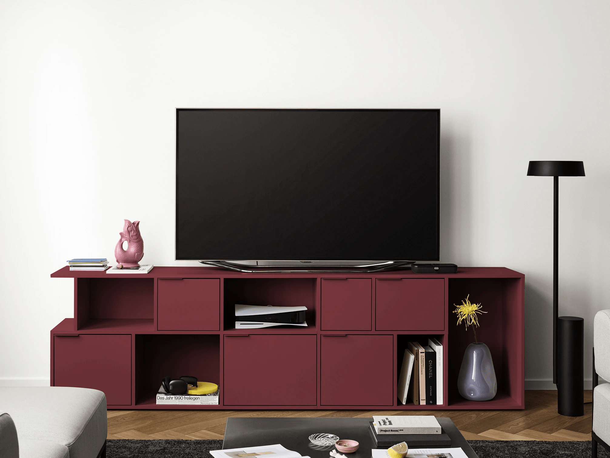 Profundo Rojo Burdeos Mueble de Tv con Cajones - 165x53x40cm 1